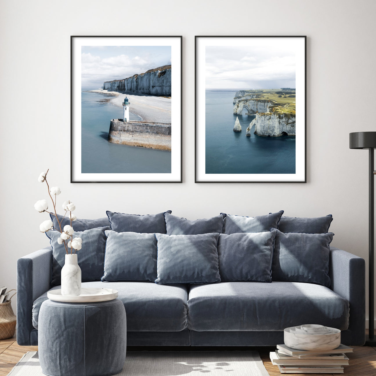 coastal inspired wall art in blue living room