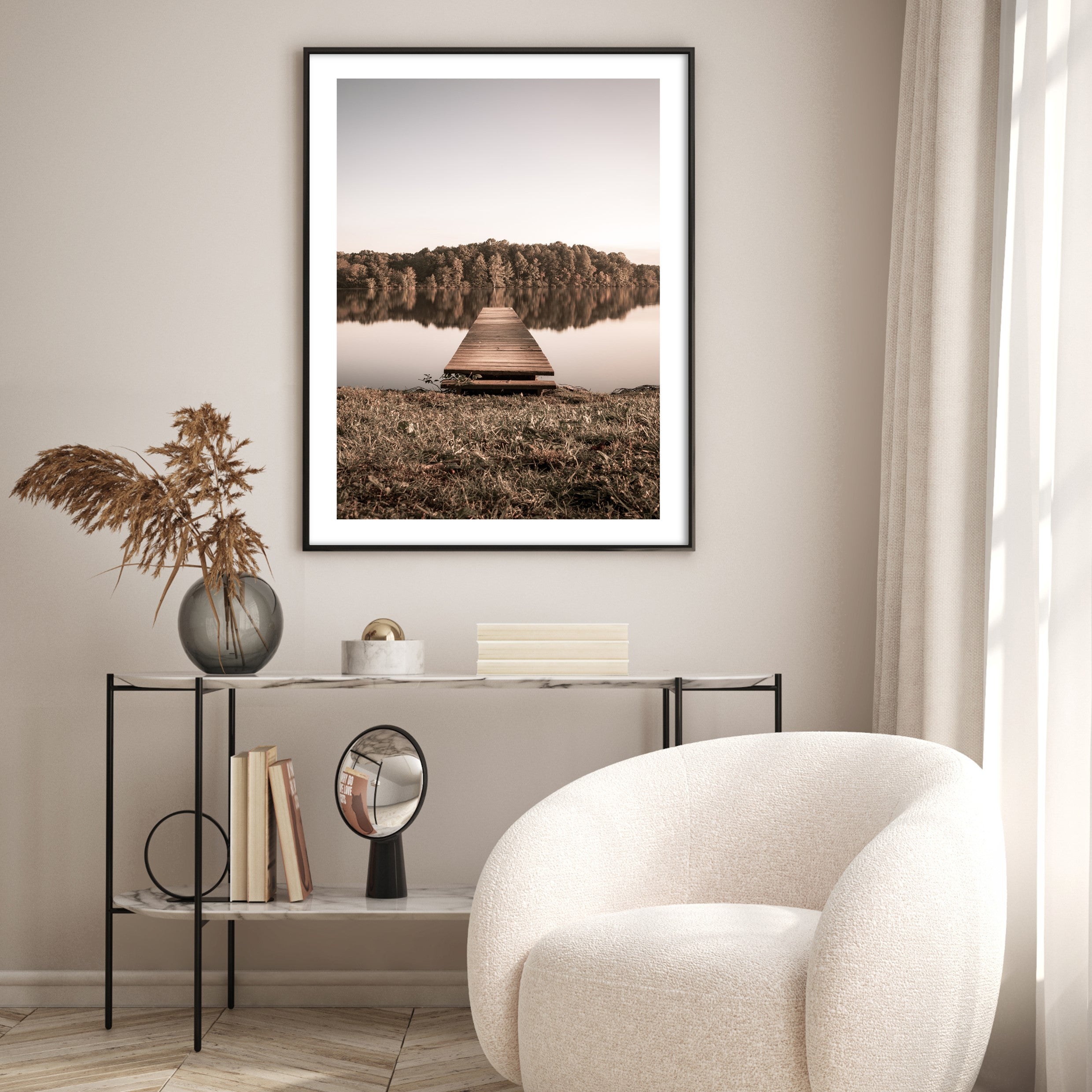 autumn dock on a lake poster in neutral living room