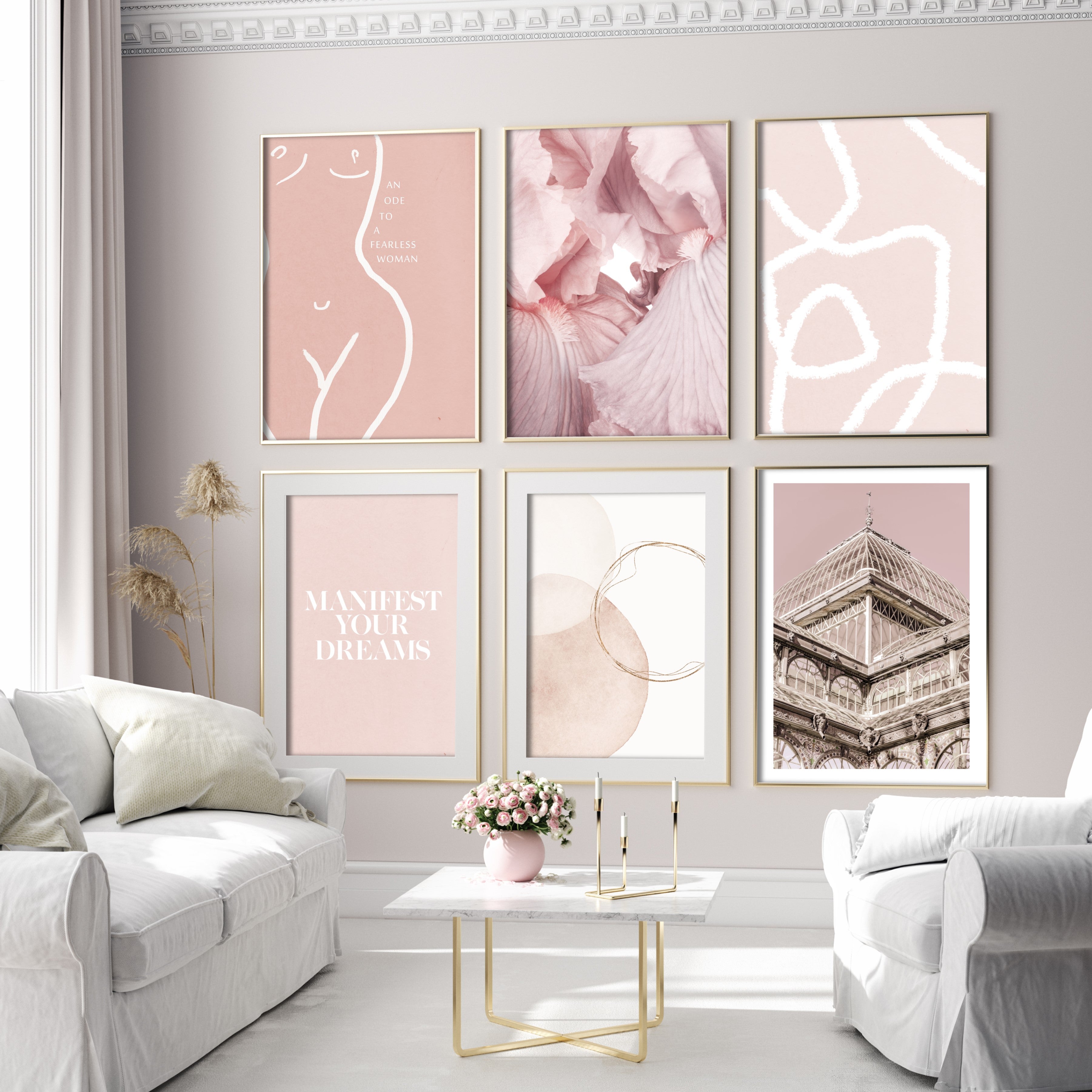 print of close up of pink petals on a white background in a pink and gold themed living room