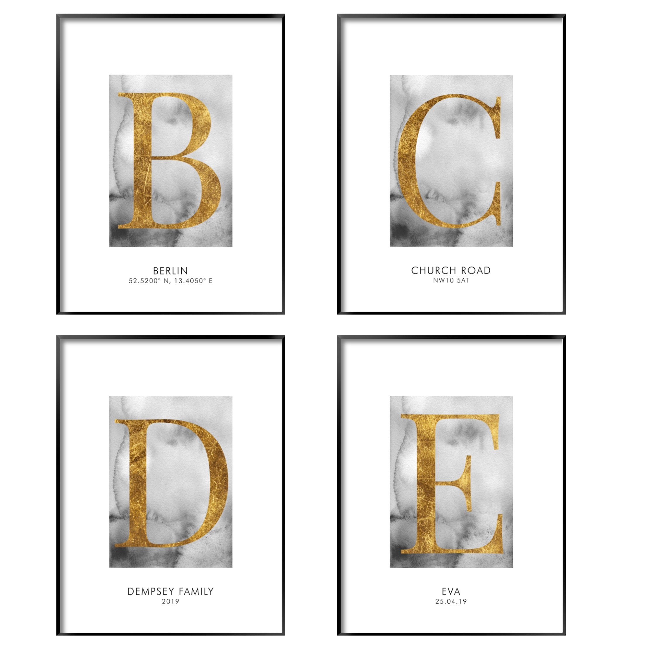 Print poster wall art personalised gold alphabet