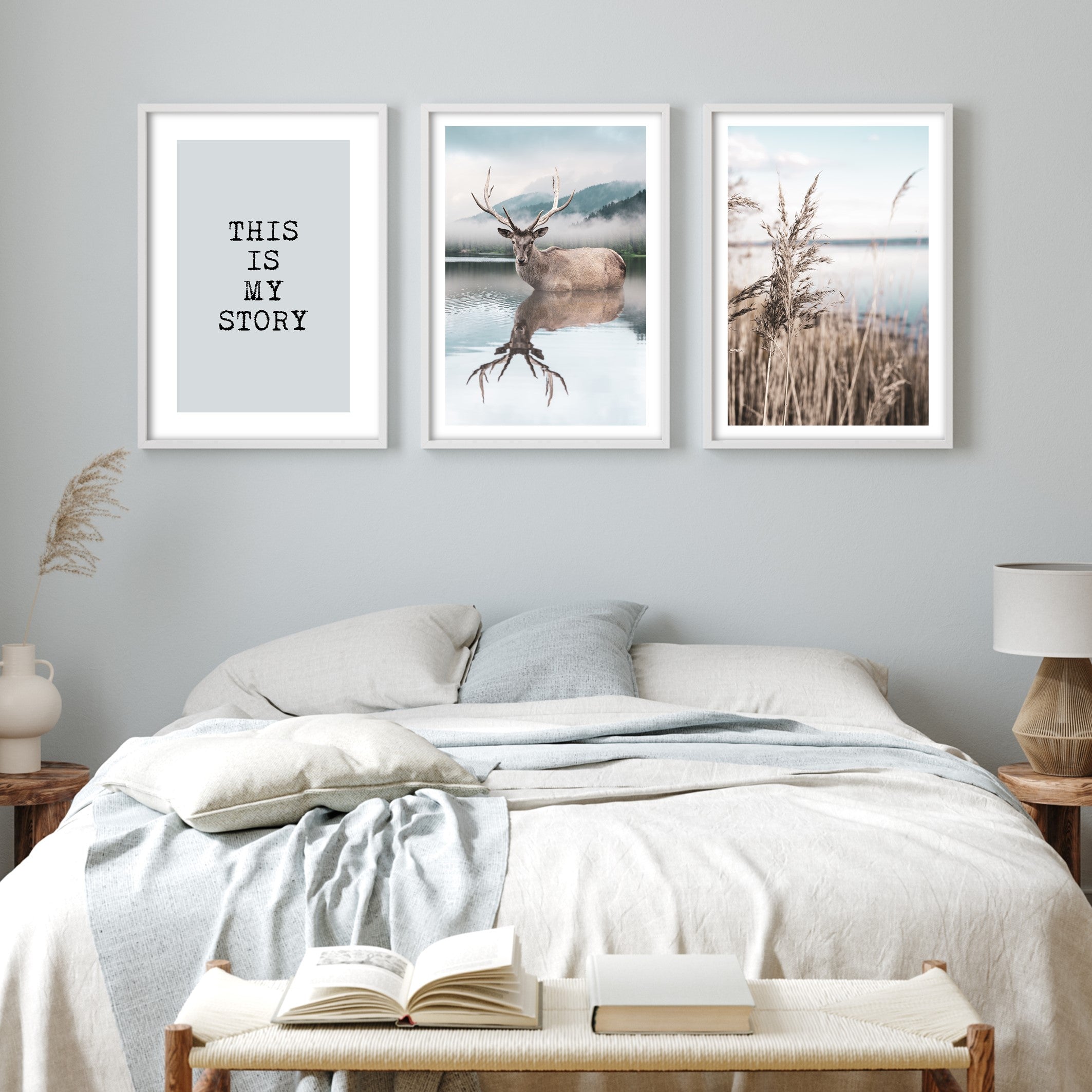 bedroom with 3 winter prints above the bed