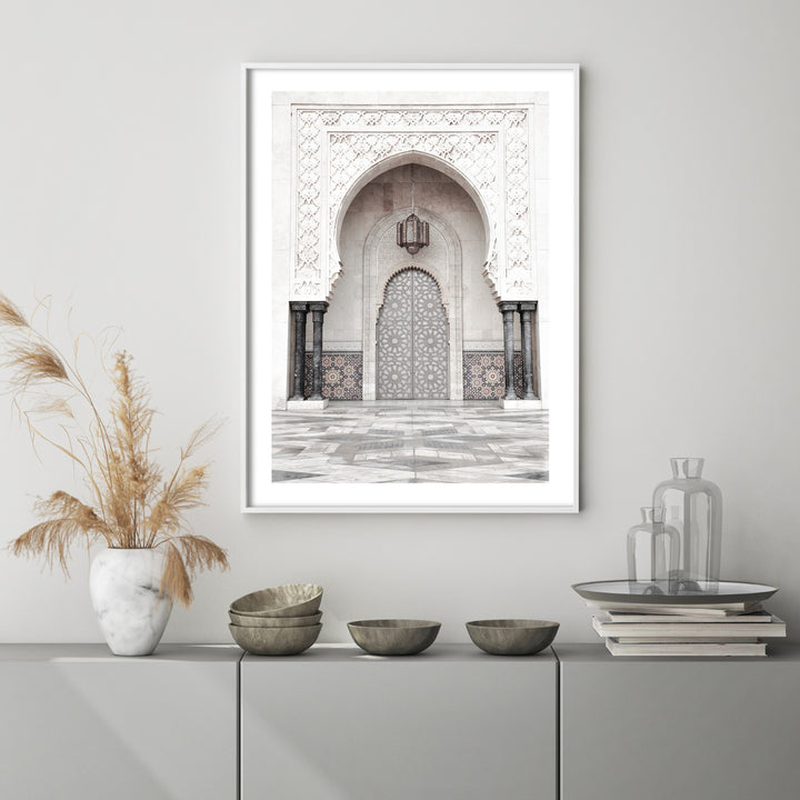 morocco door arch poster in white picture frame in a grey room