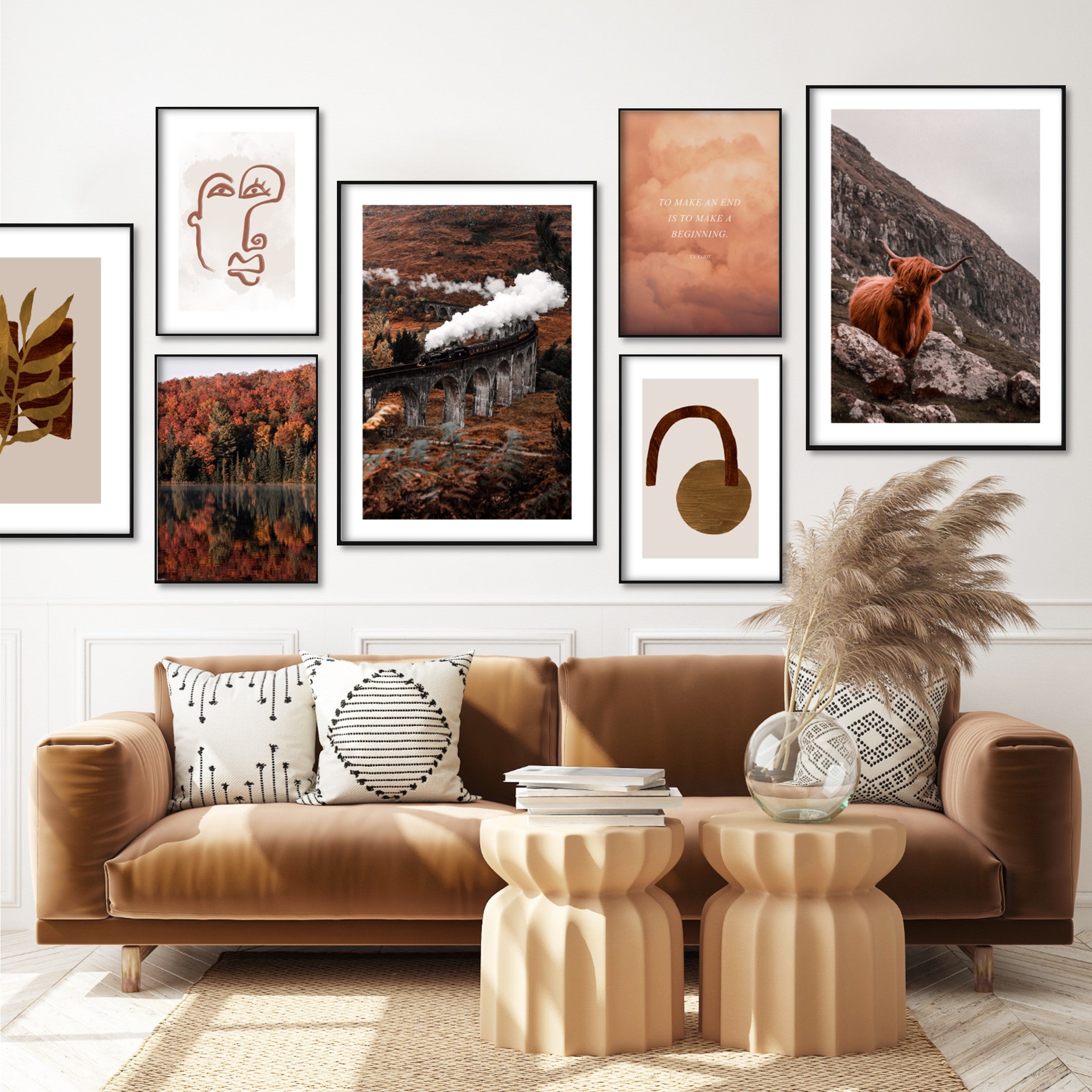 Poster of a art deco piece including shapes on a light beige background in a brown themed living room