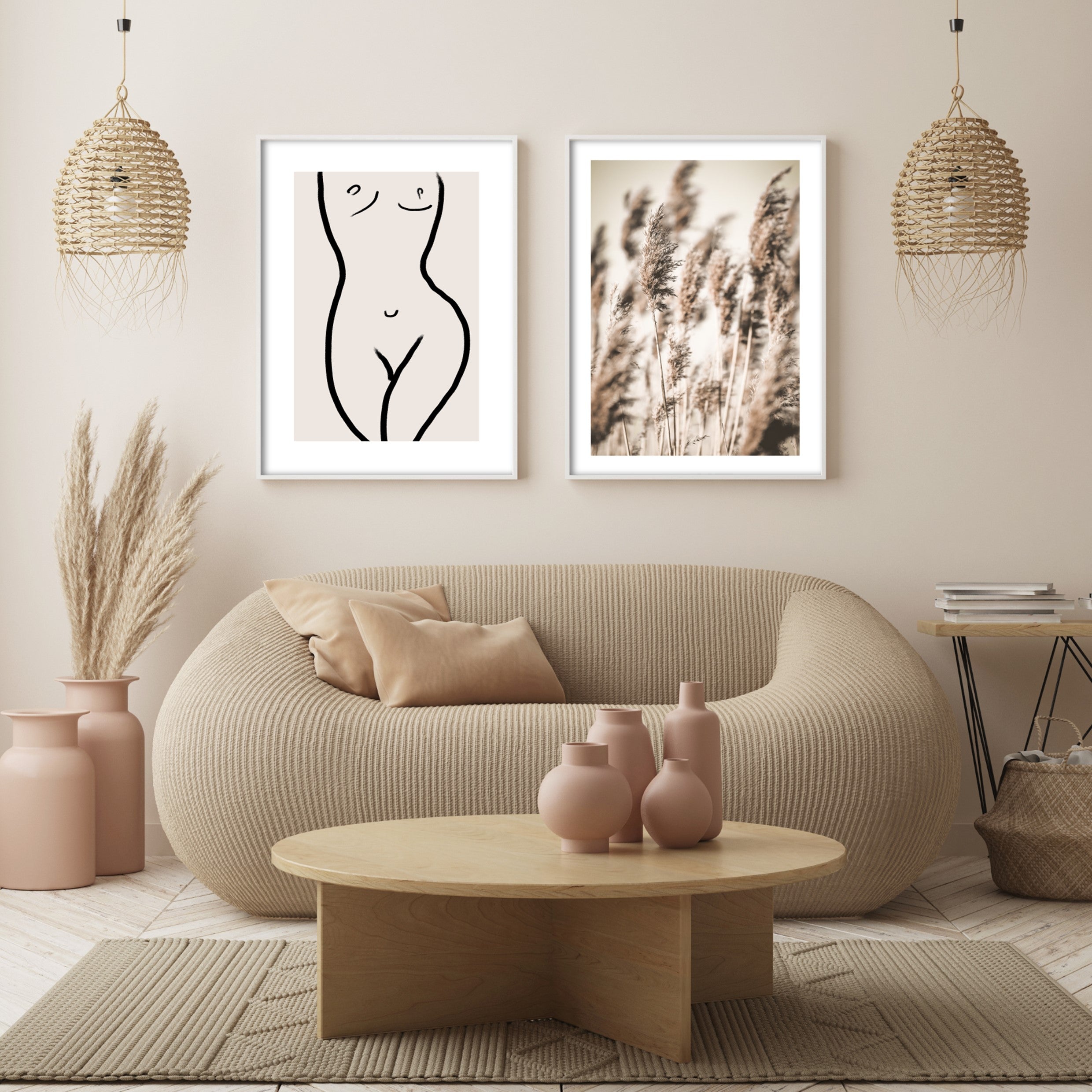 beige aesthetic wall art in a boho style living room