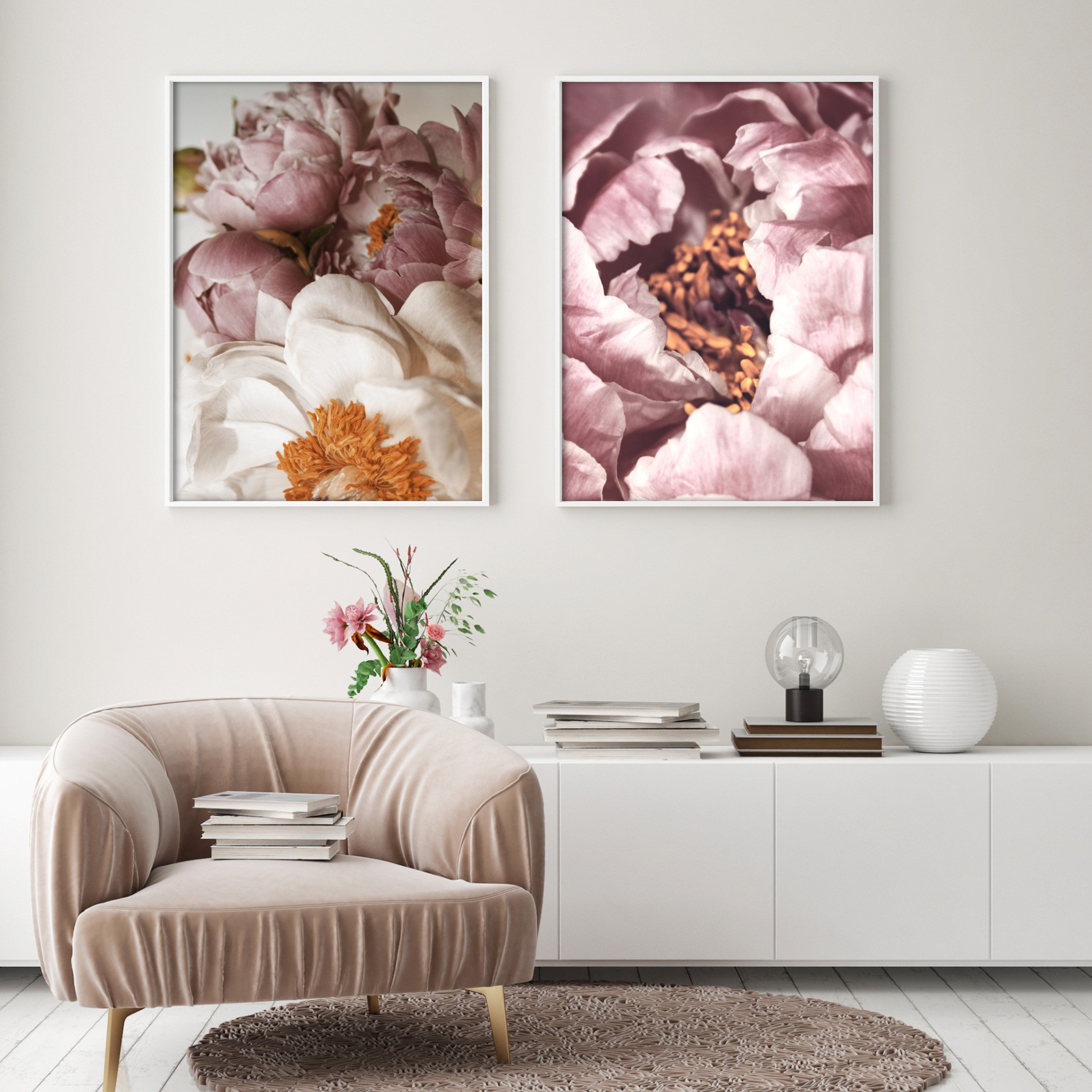 neutral peonies wall art in scandi living