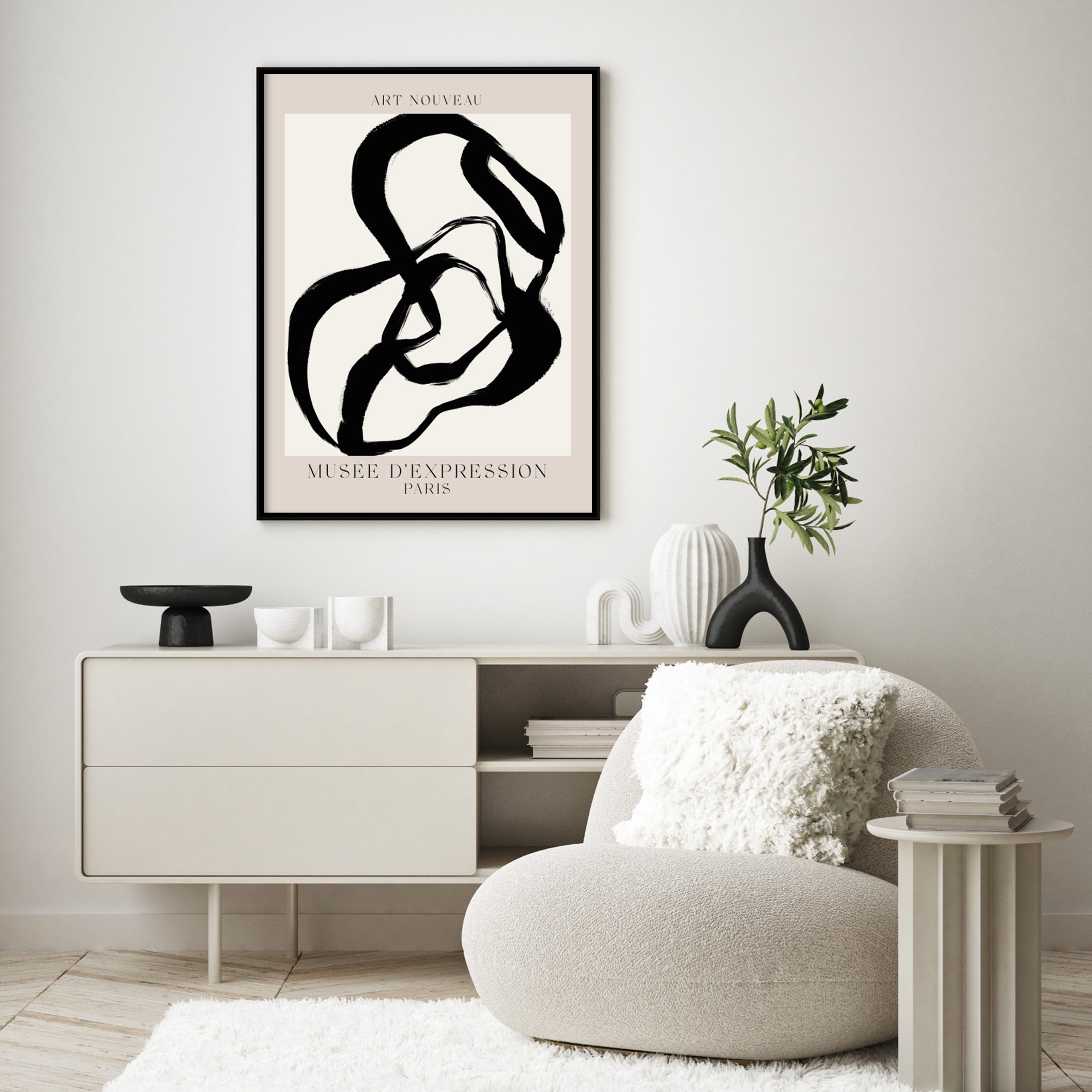 art nouveau wall print in japandi living room