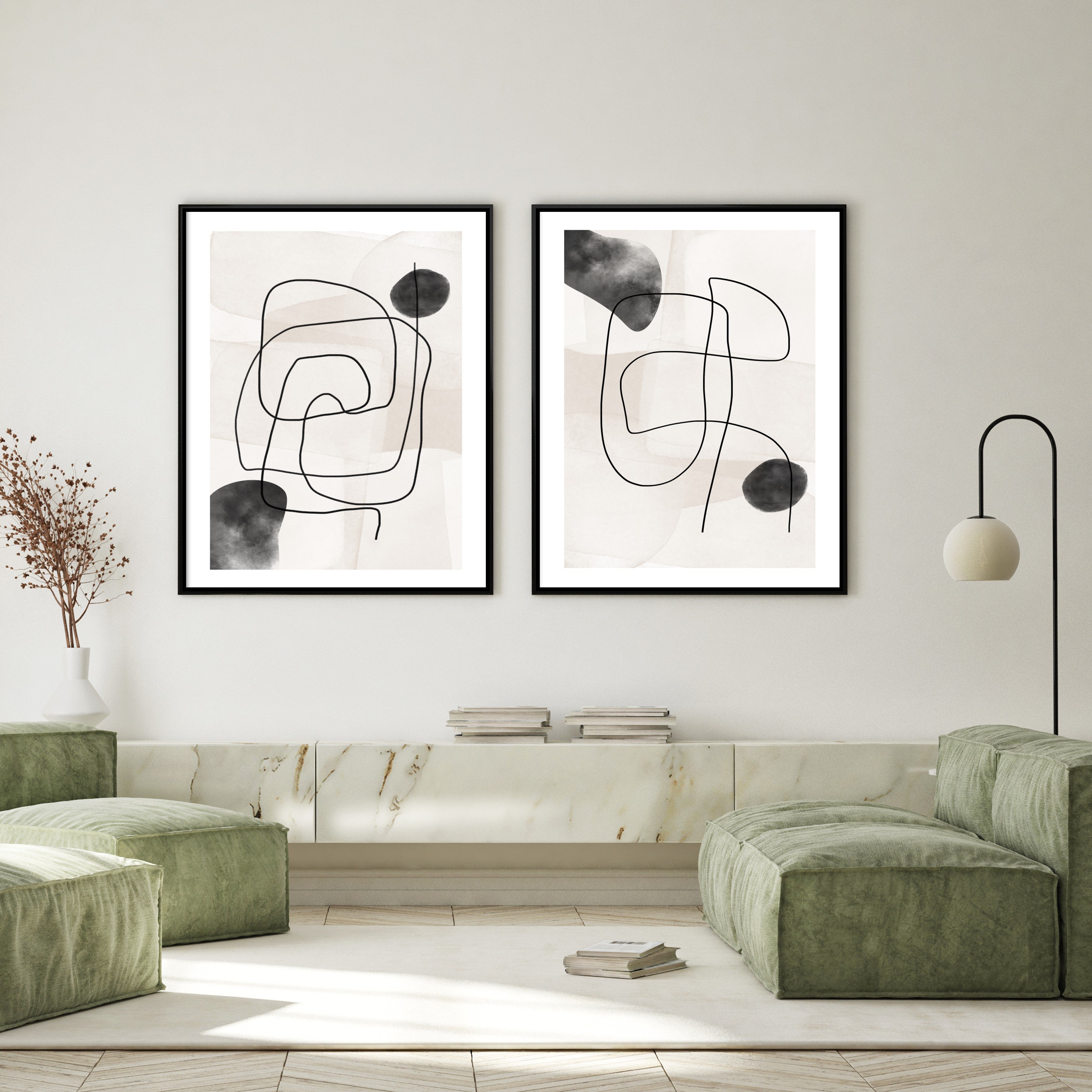 abstract watercolour line art in modern scandi style living room