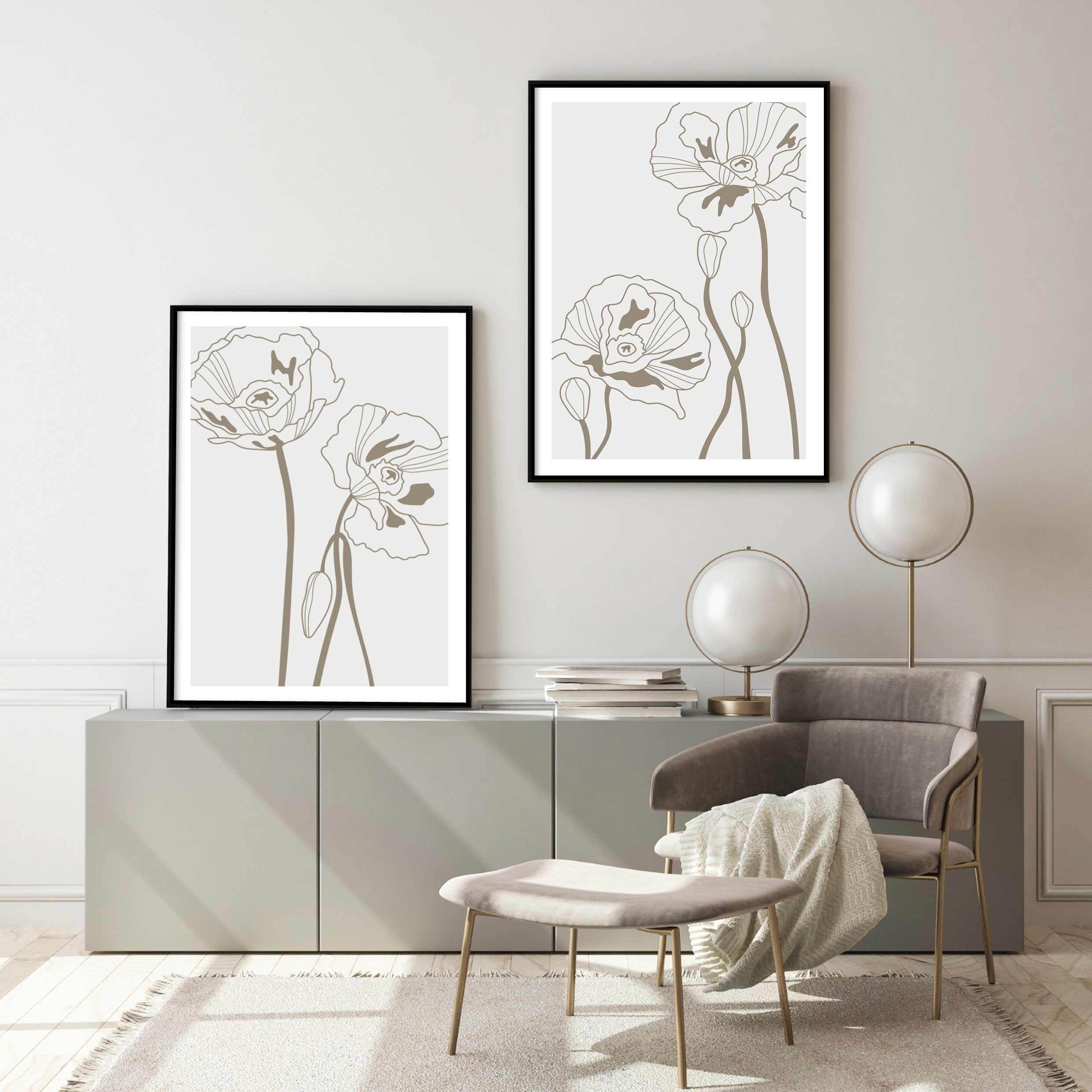 petal line art in grey living room