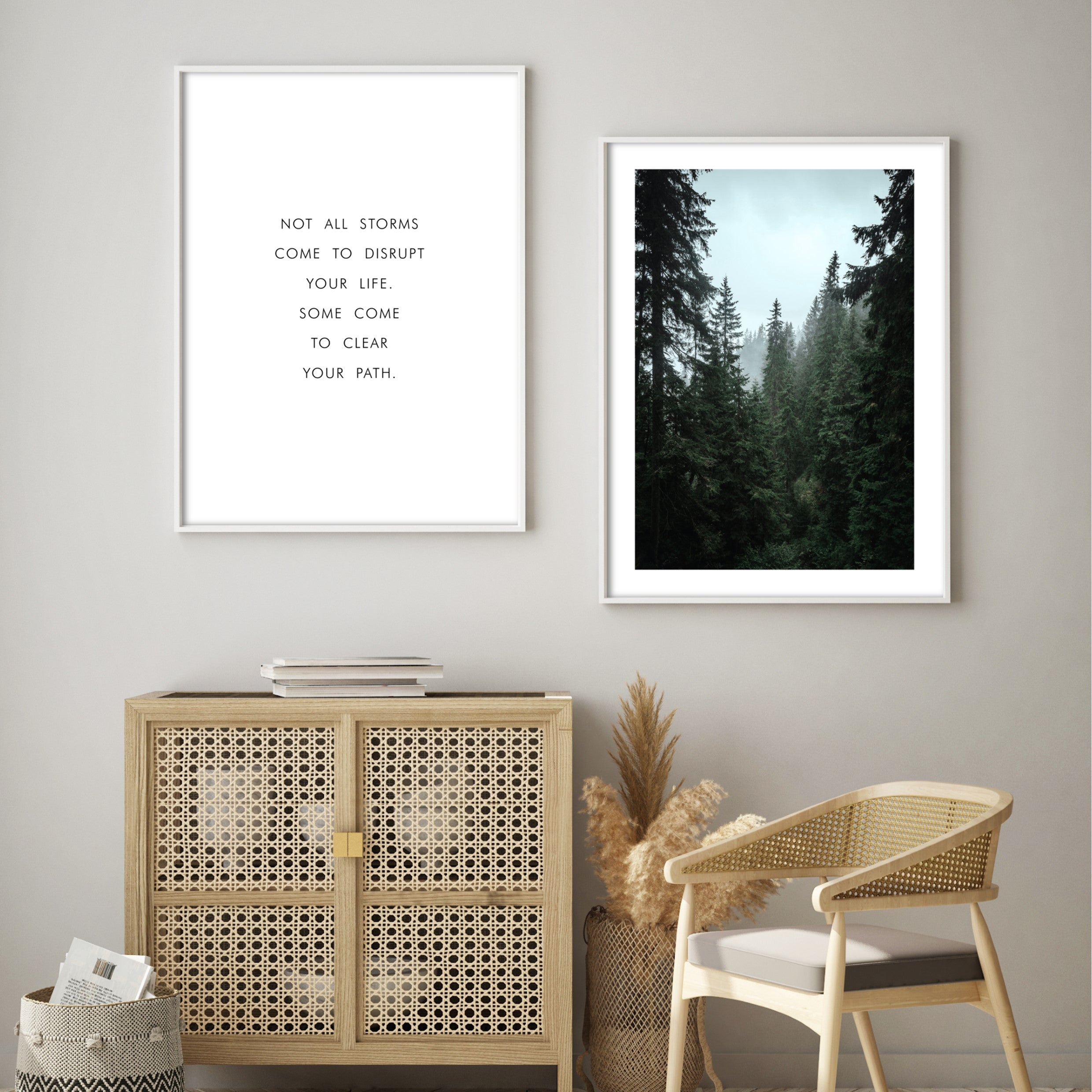 boho room with green nature prints of trees and forest in white wood poster frames