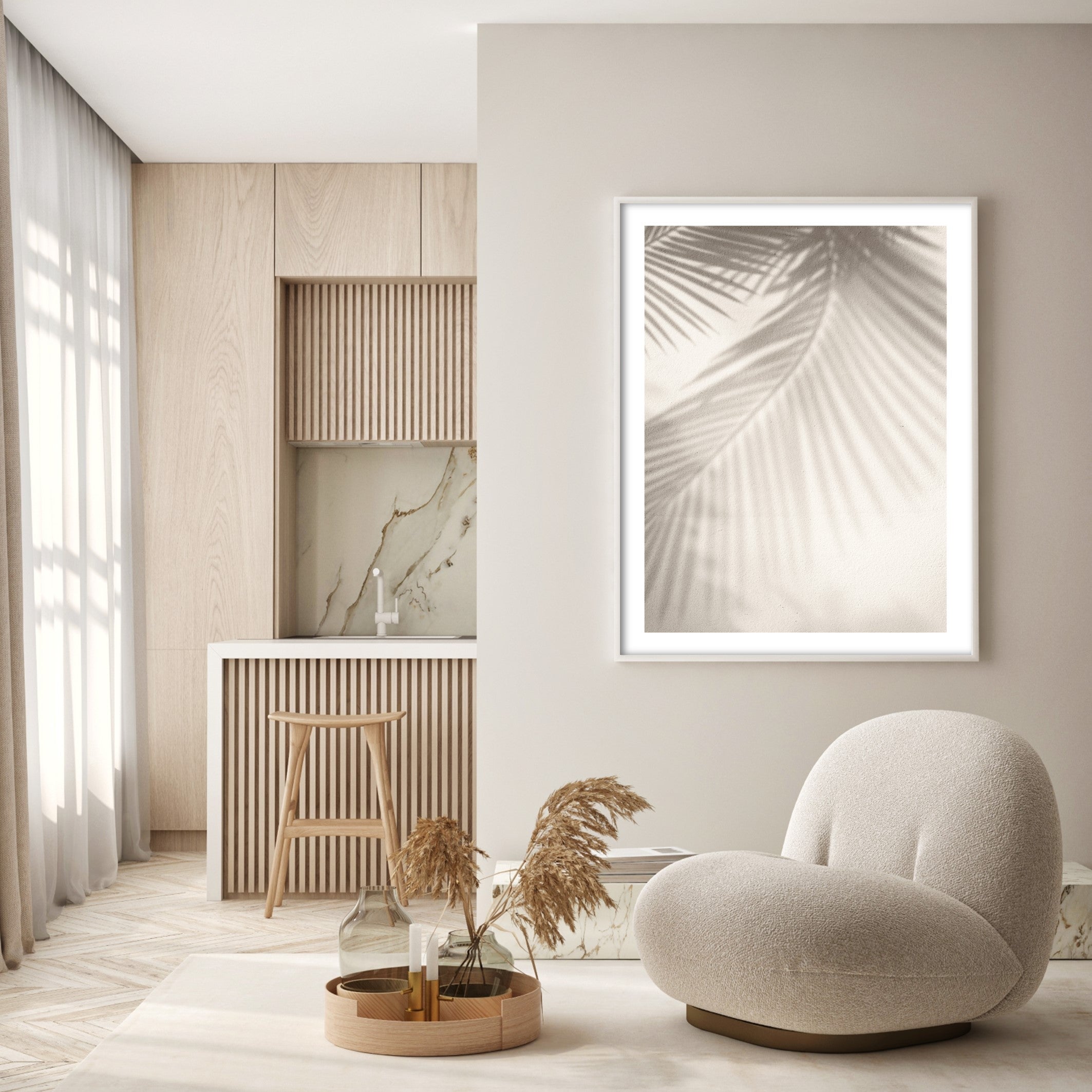 neutral palm shadow wall art in beige apartment