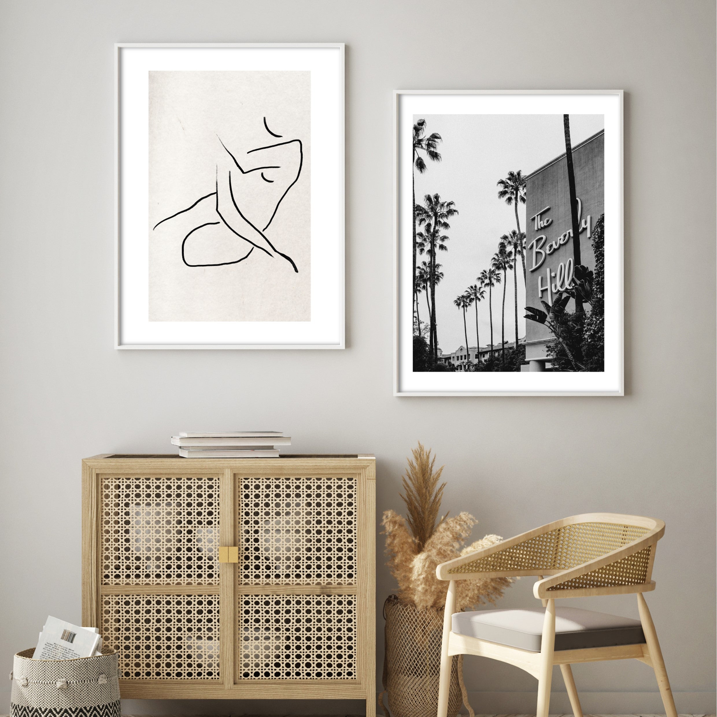 black and white wall art in boho living room