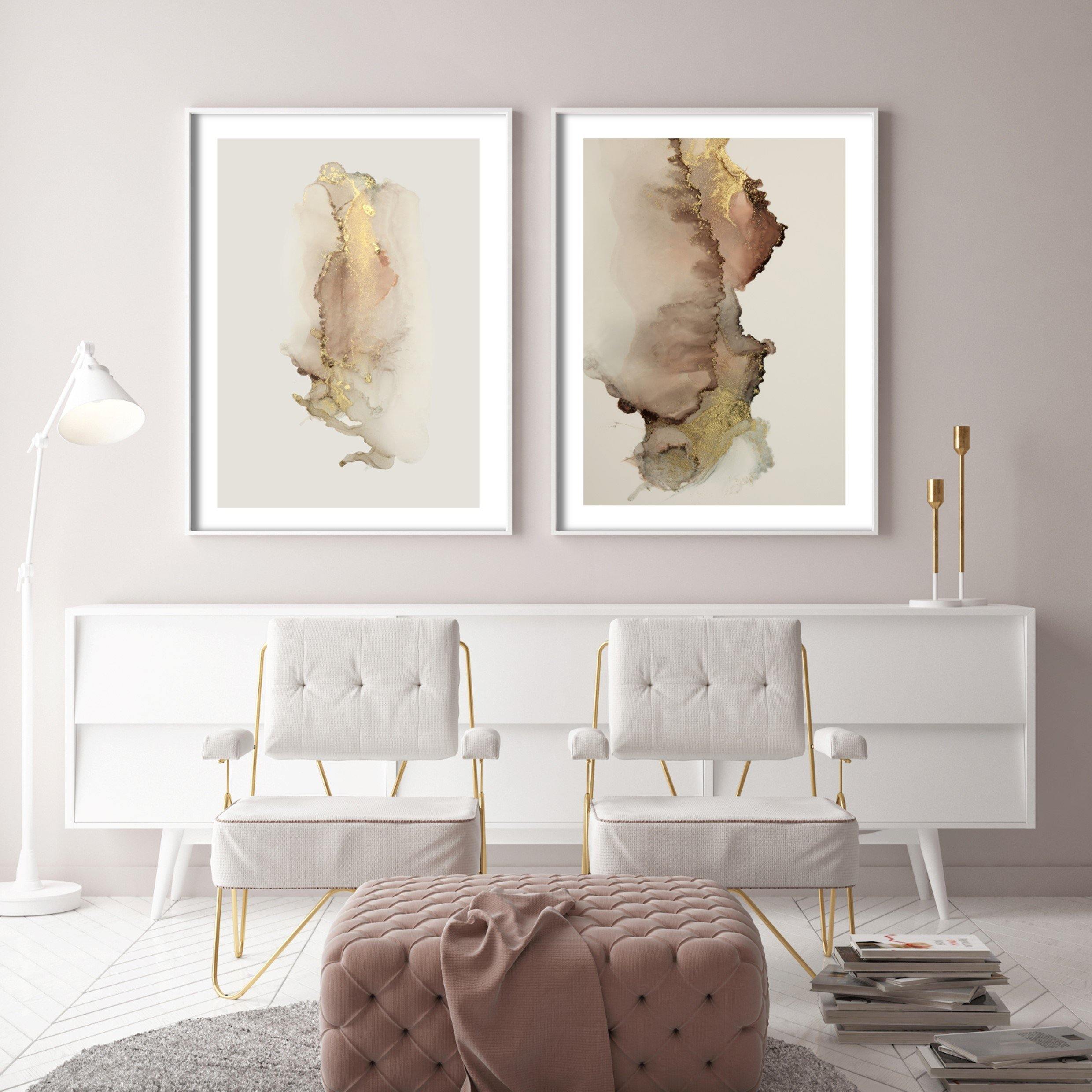 luxury gold watercolour wall art in modern living room