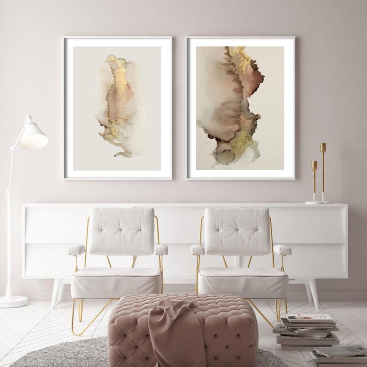 luxury gold watercolour wall art in modern living room