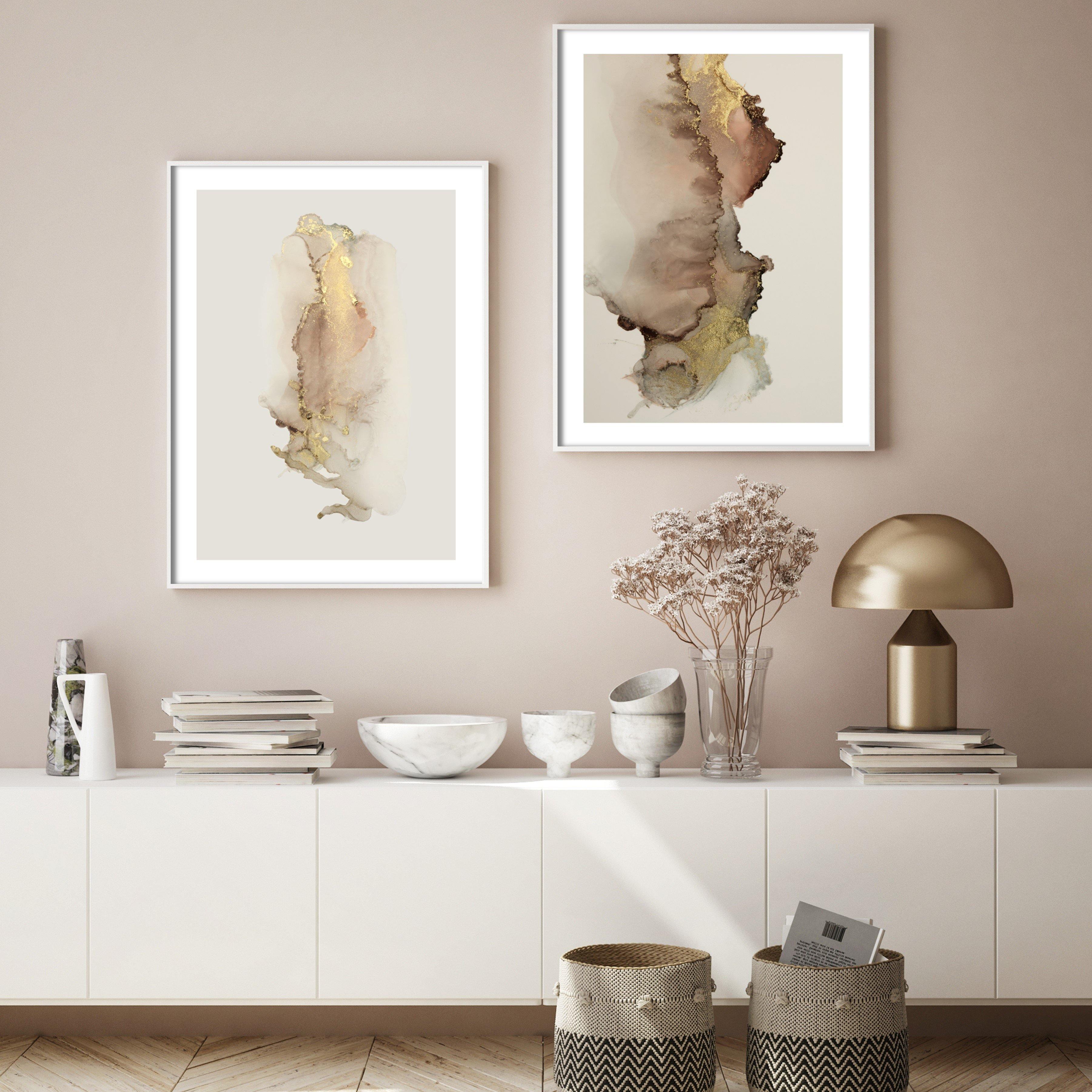 luxury gold ink effect wall art in japandi living room