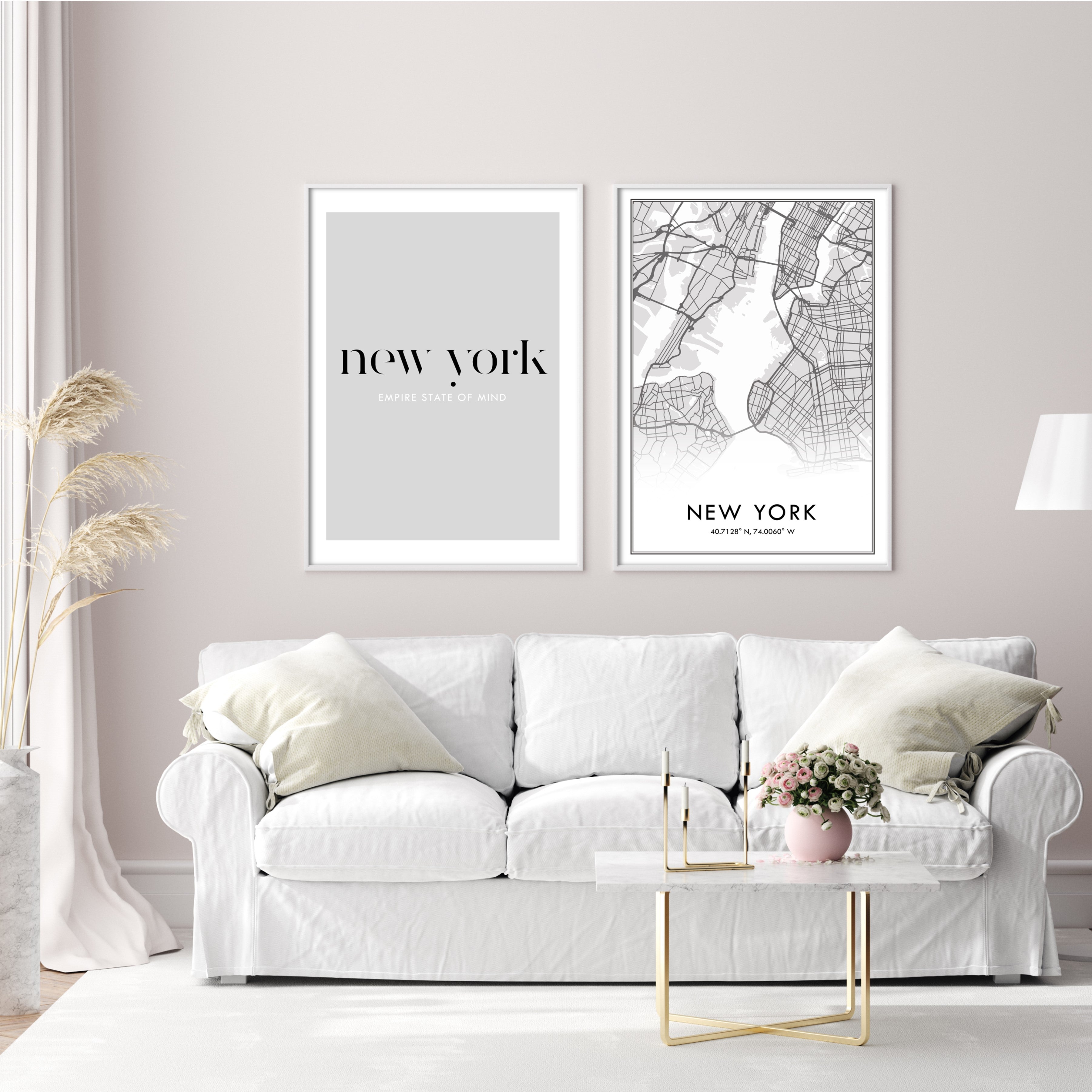 grey new york wall art in whote living room