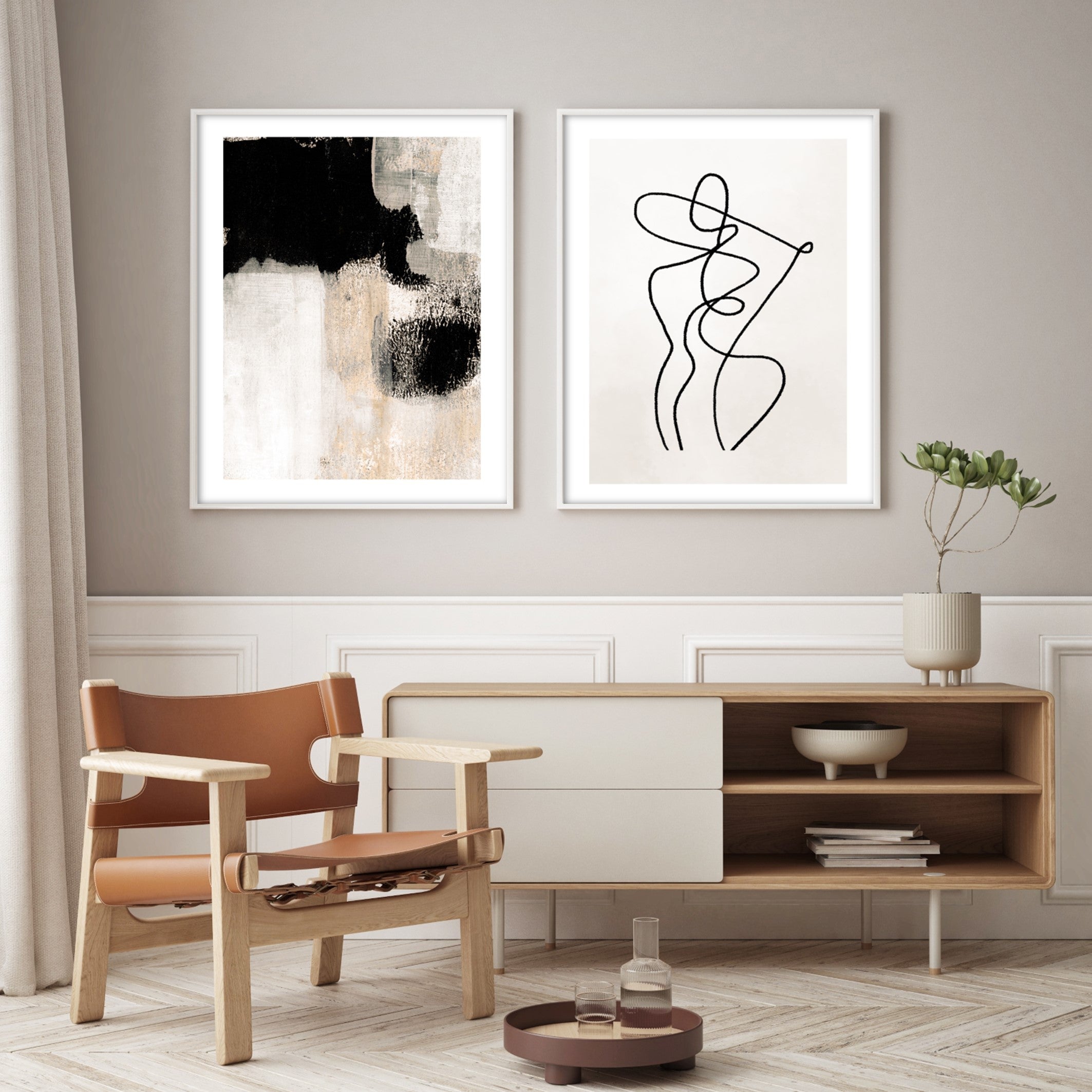 abstract neutral wall art in modern living room with wall panels