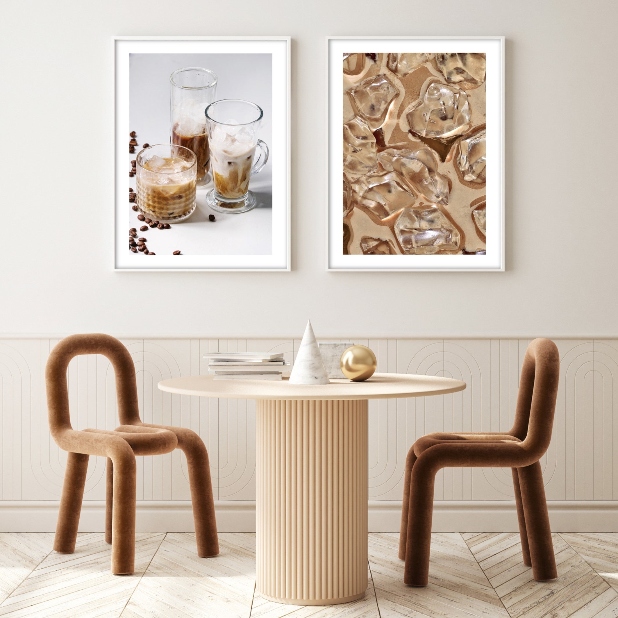 iced coffee inspired wall art in a beige dining room