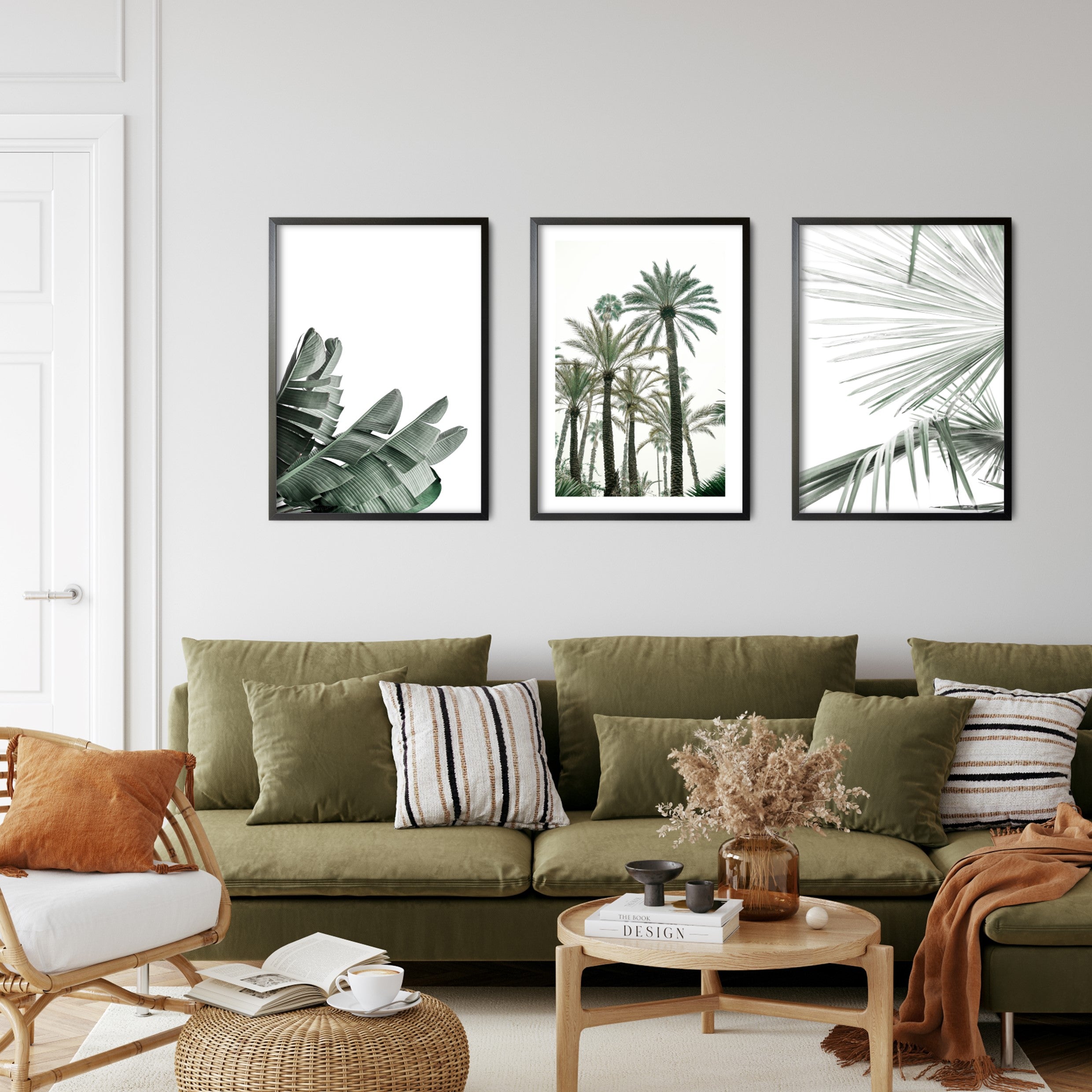 tropical green palm prints in boho styled living room