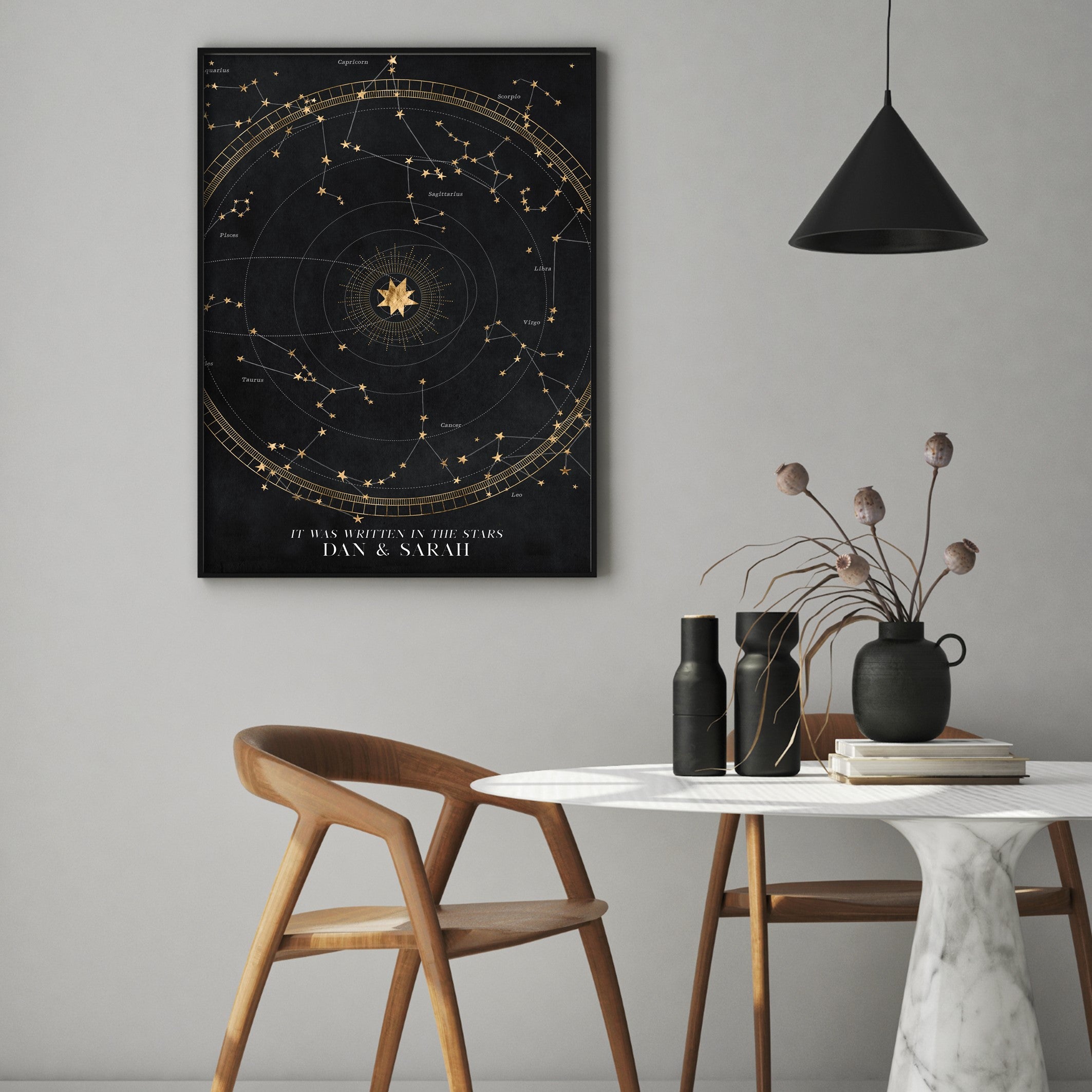 personalised poster of astrology stars in a minimalist kitchen