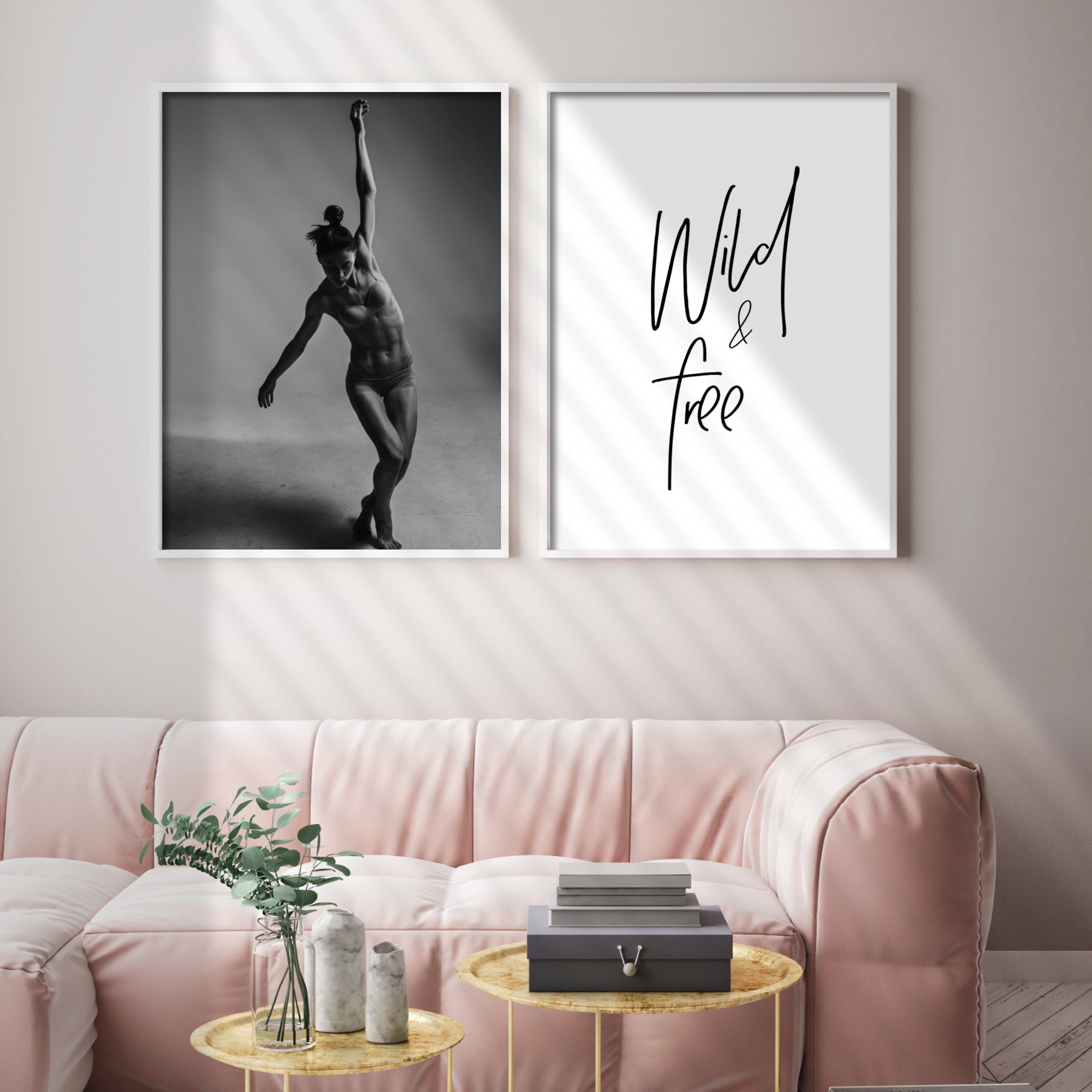 black and white dancer poster in neutral living room