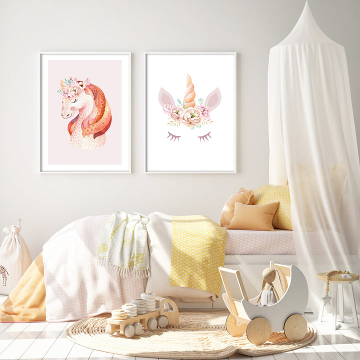 kids bedroom with pretty unicorn illustrations