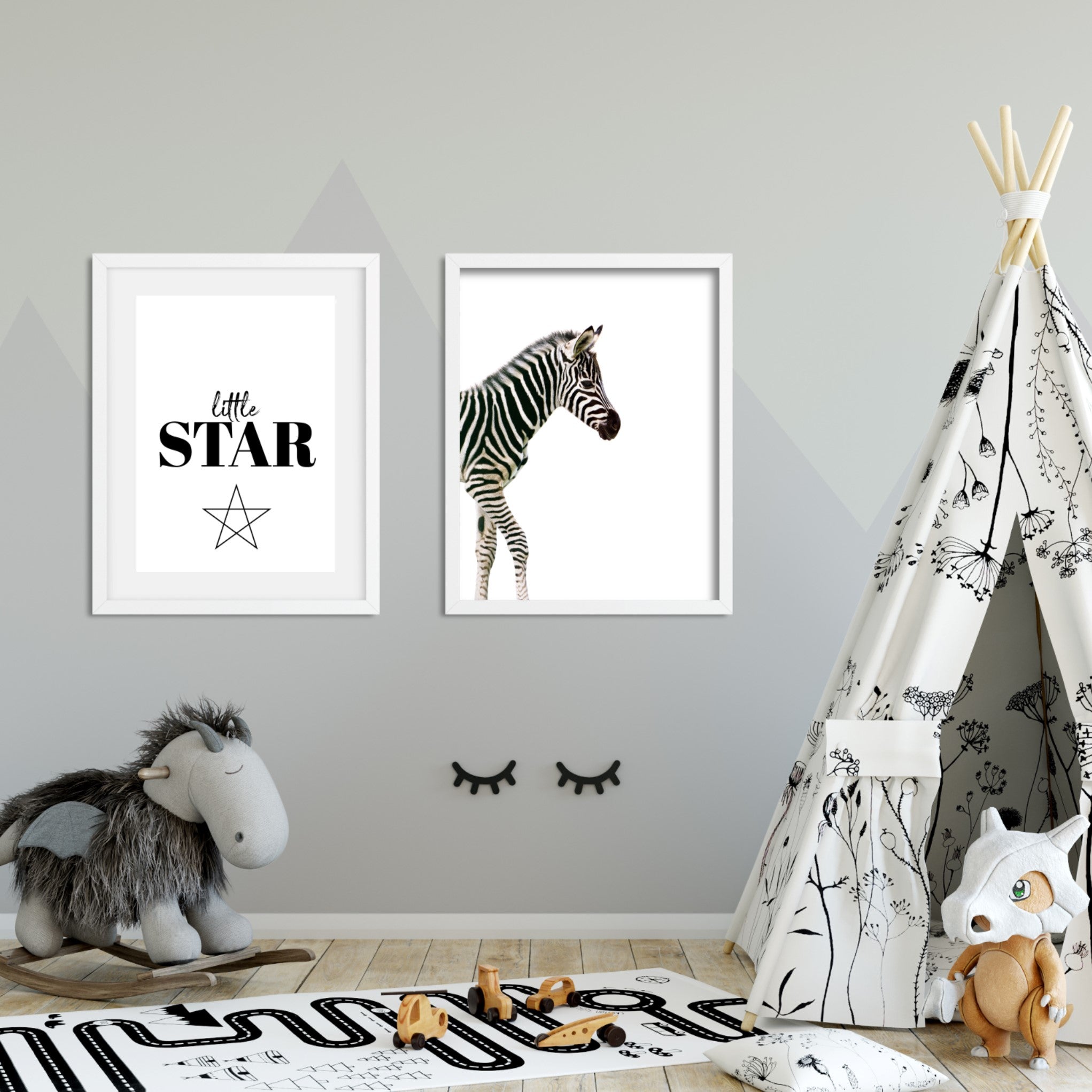 little star wall poster in a grey playroom for kids with teeppee