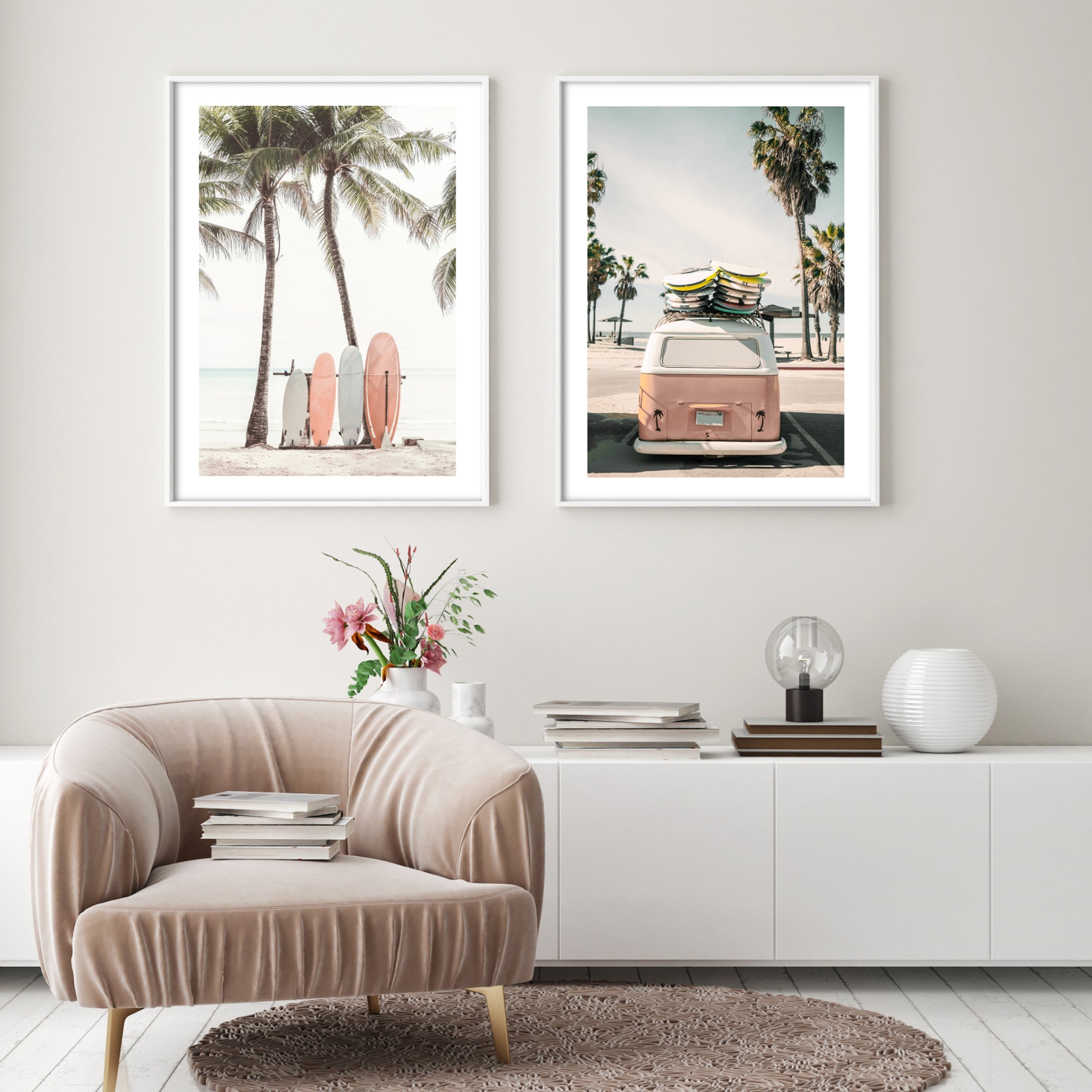 vintage surf posters in modern living room