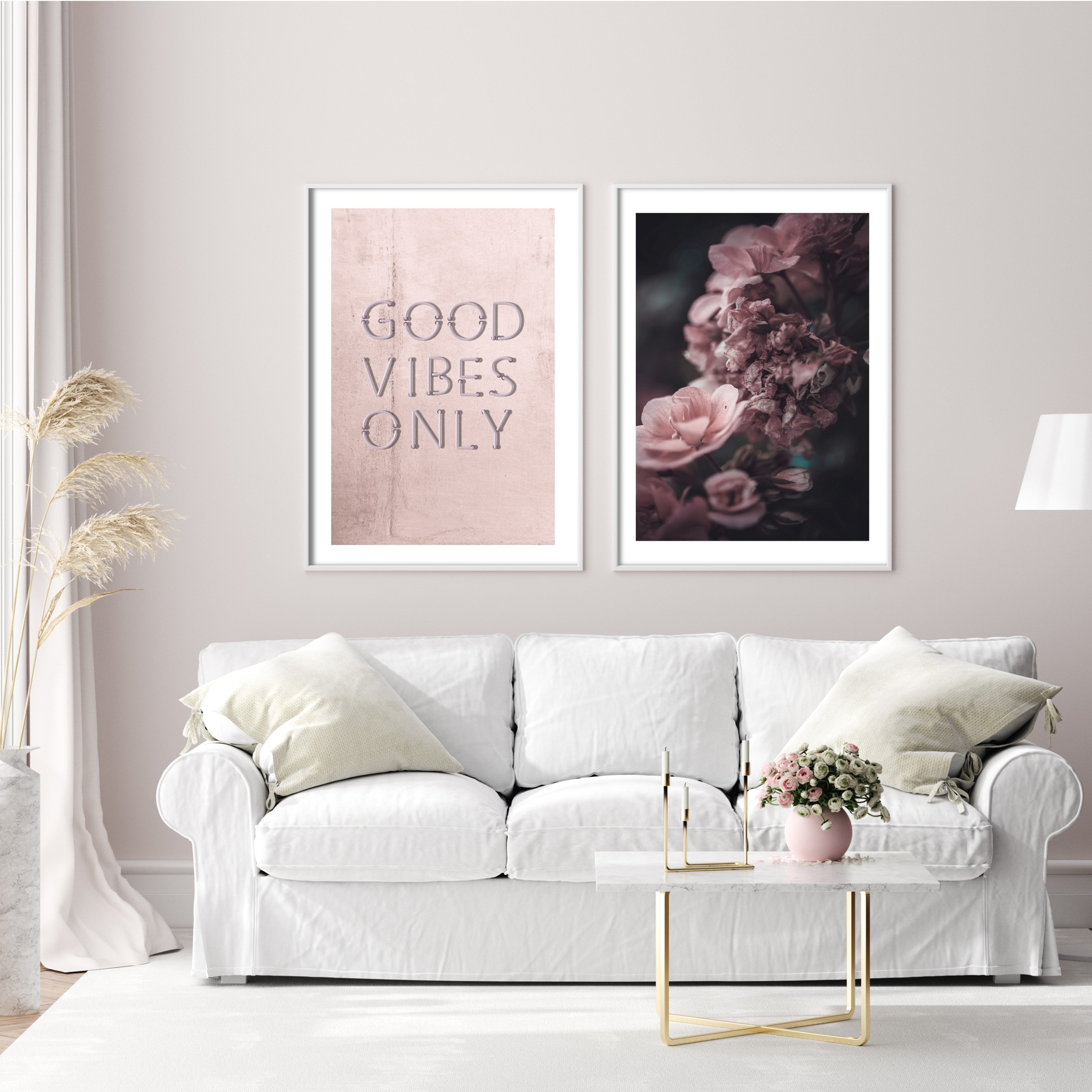 pink dreams wall posters in white living room