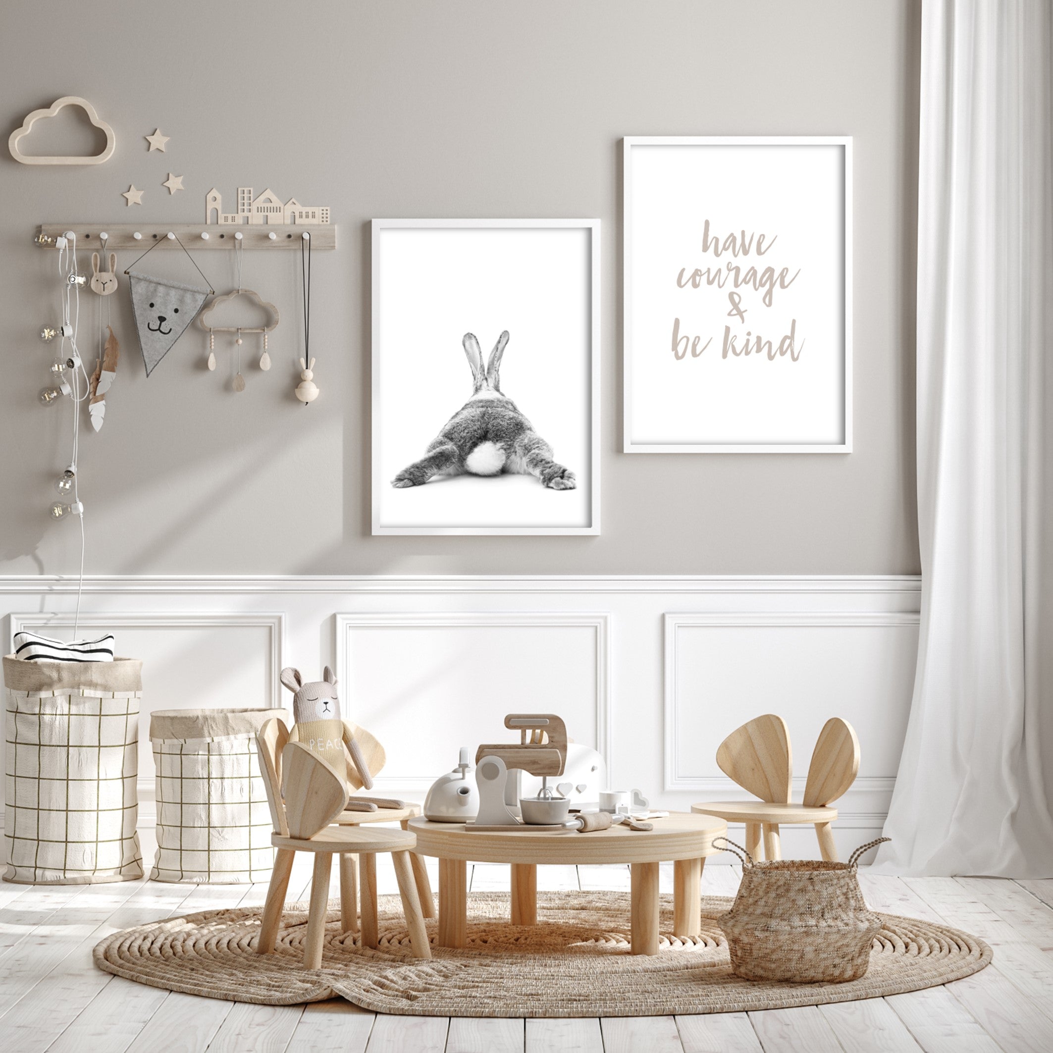 Black and white bunny tail poster for a nursery