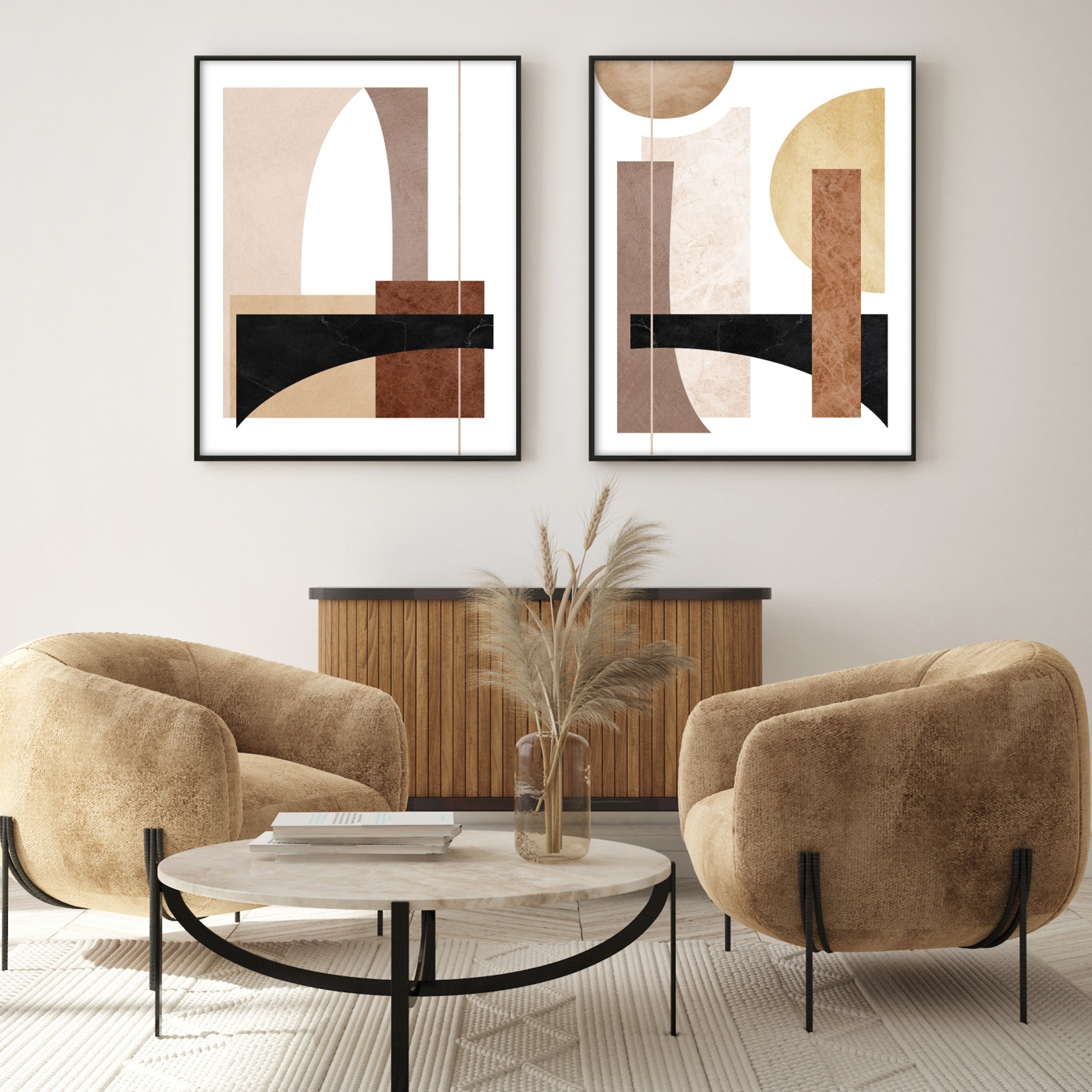 neutral geometric wall posters in beige boho living room