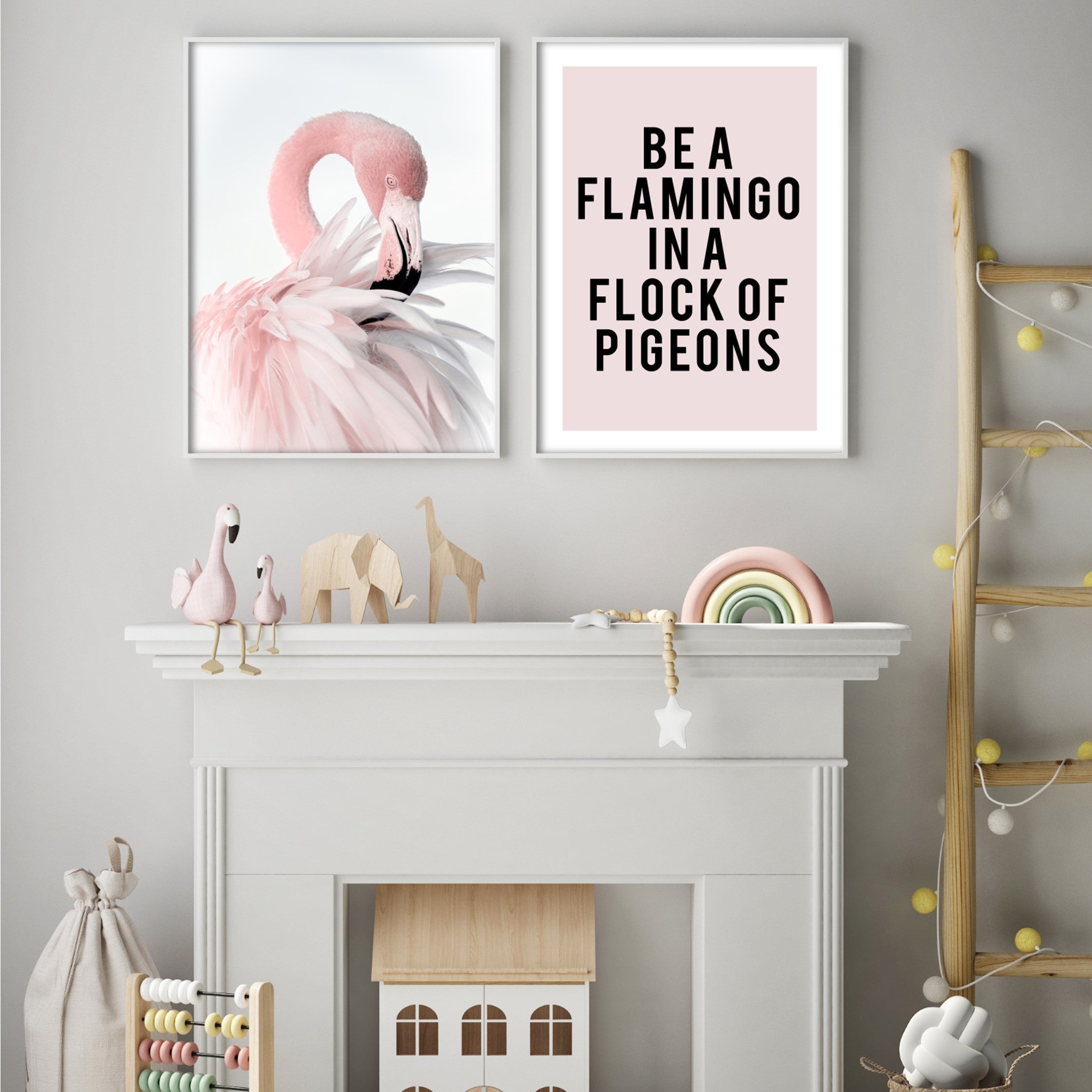 flamingo kids wall posters in neutral bedroom