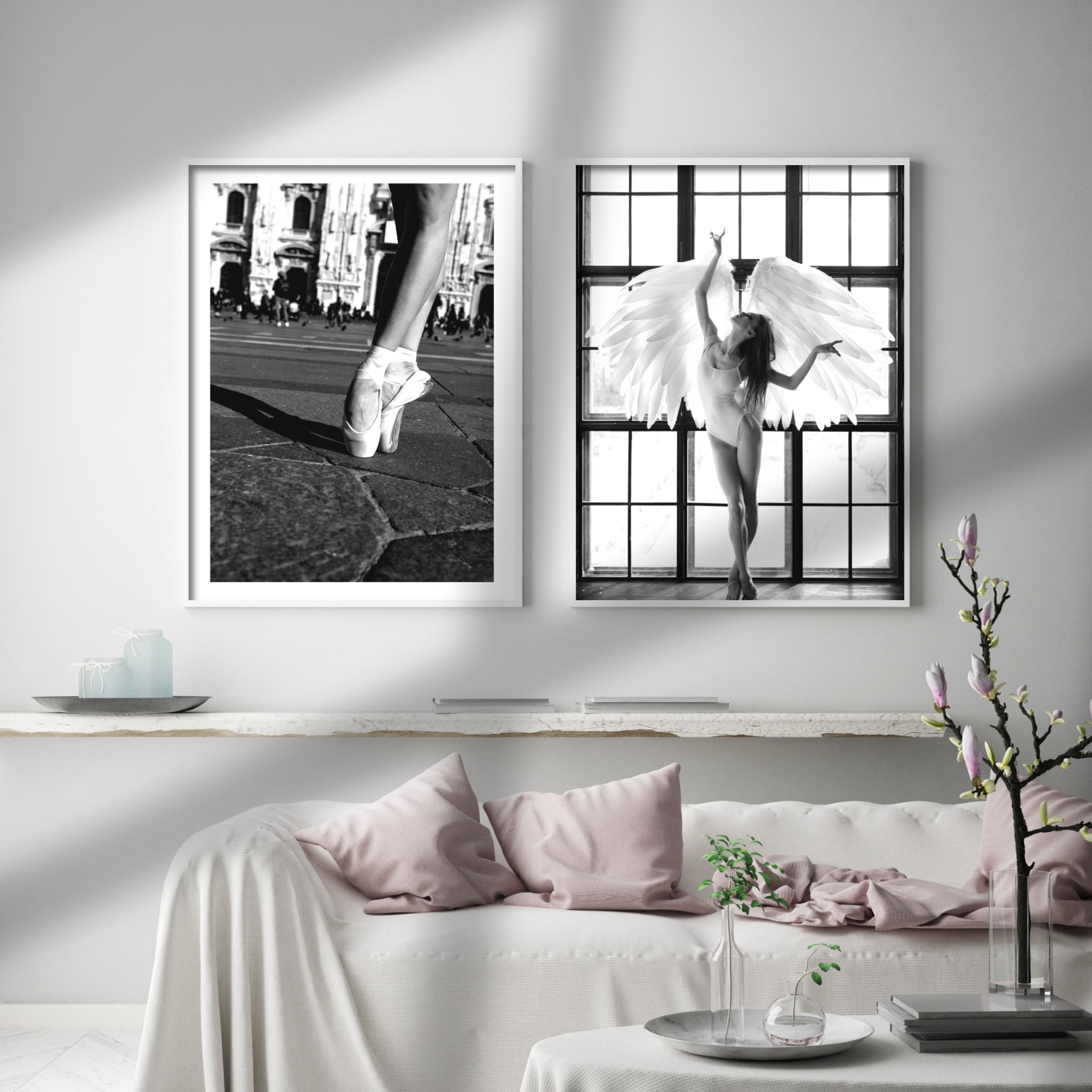 black and white ballet posters in white living room