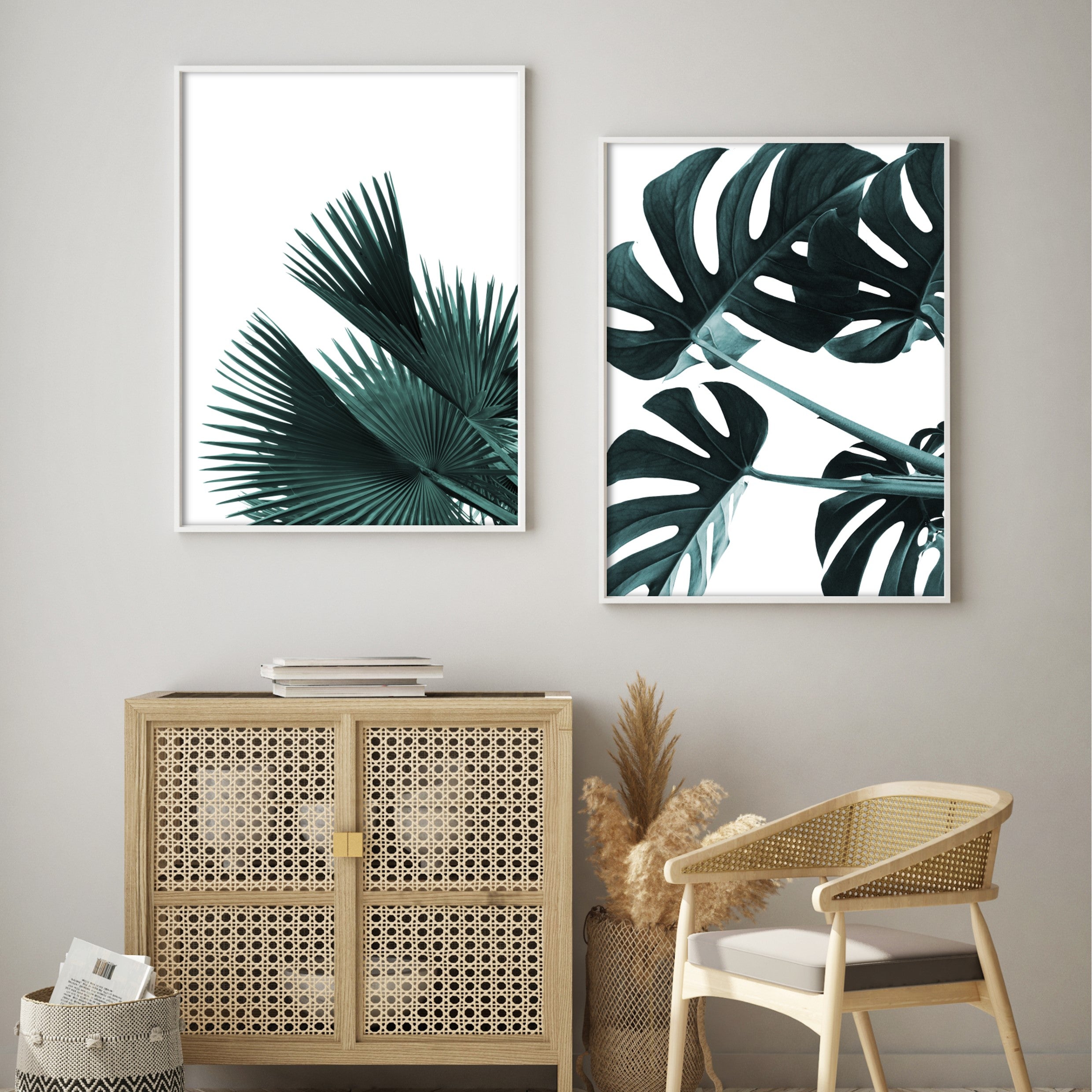 dark green leaves wall art in boho living room