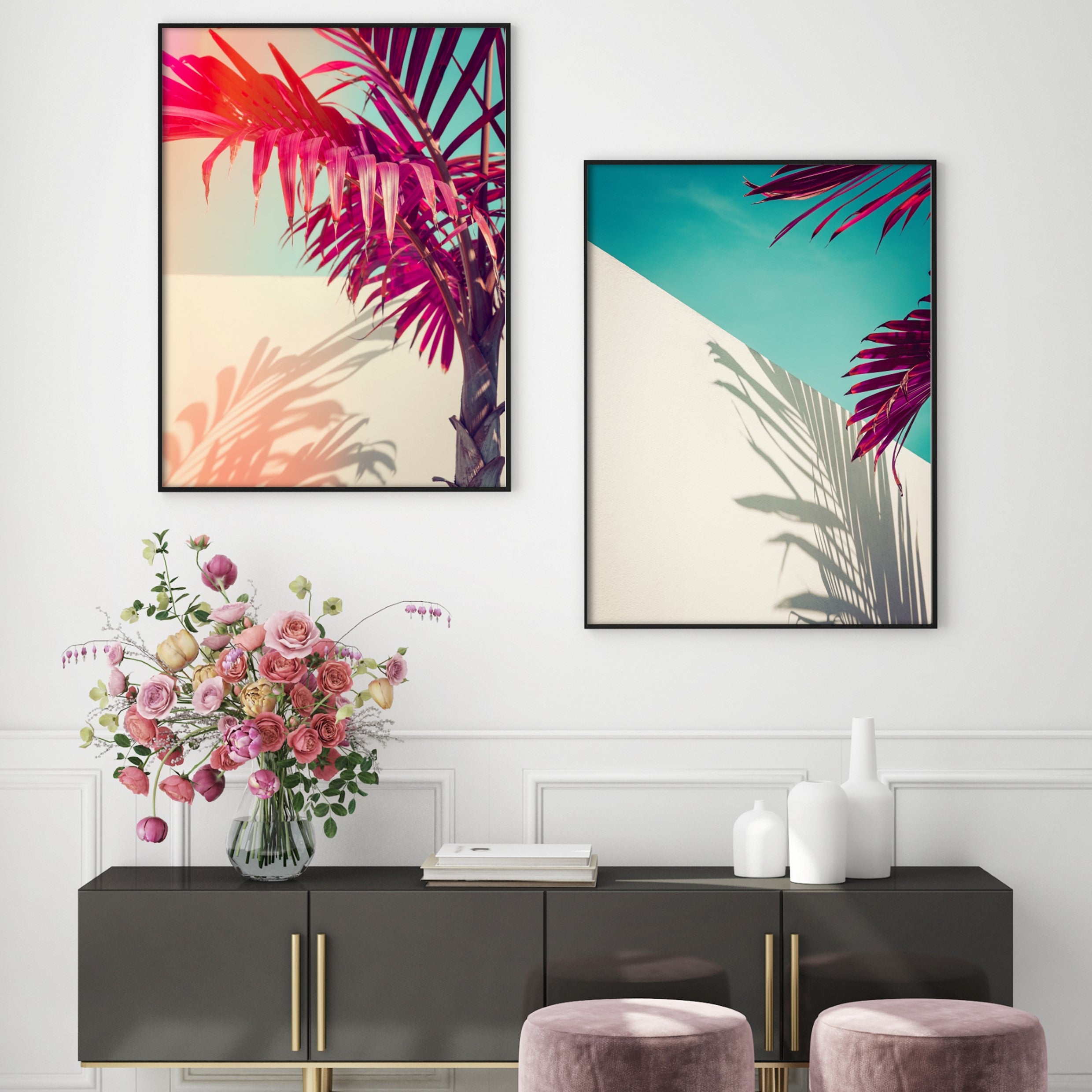 purple palm tree posters in modern home