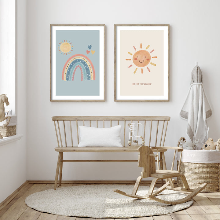 Kids Bedroom with Posters of Sunshine and Rainbows with Scandinavian Furniture for Kids