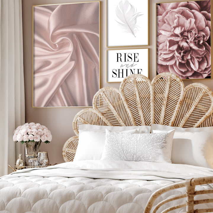 gallery wall in luxury boho bedroom with rise and shine wall art