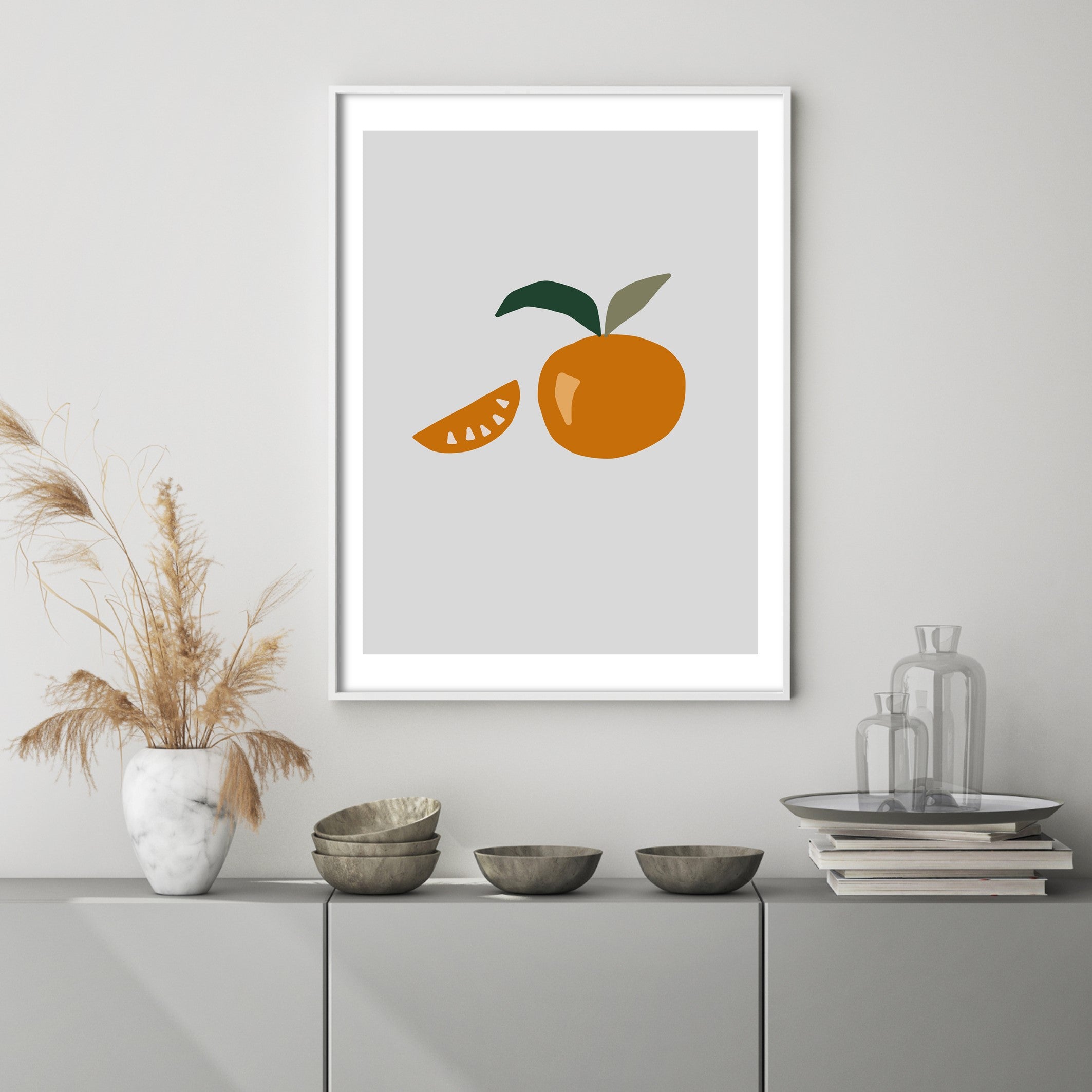 oranges illustration in grey kitchen