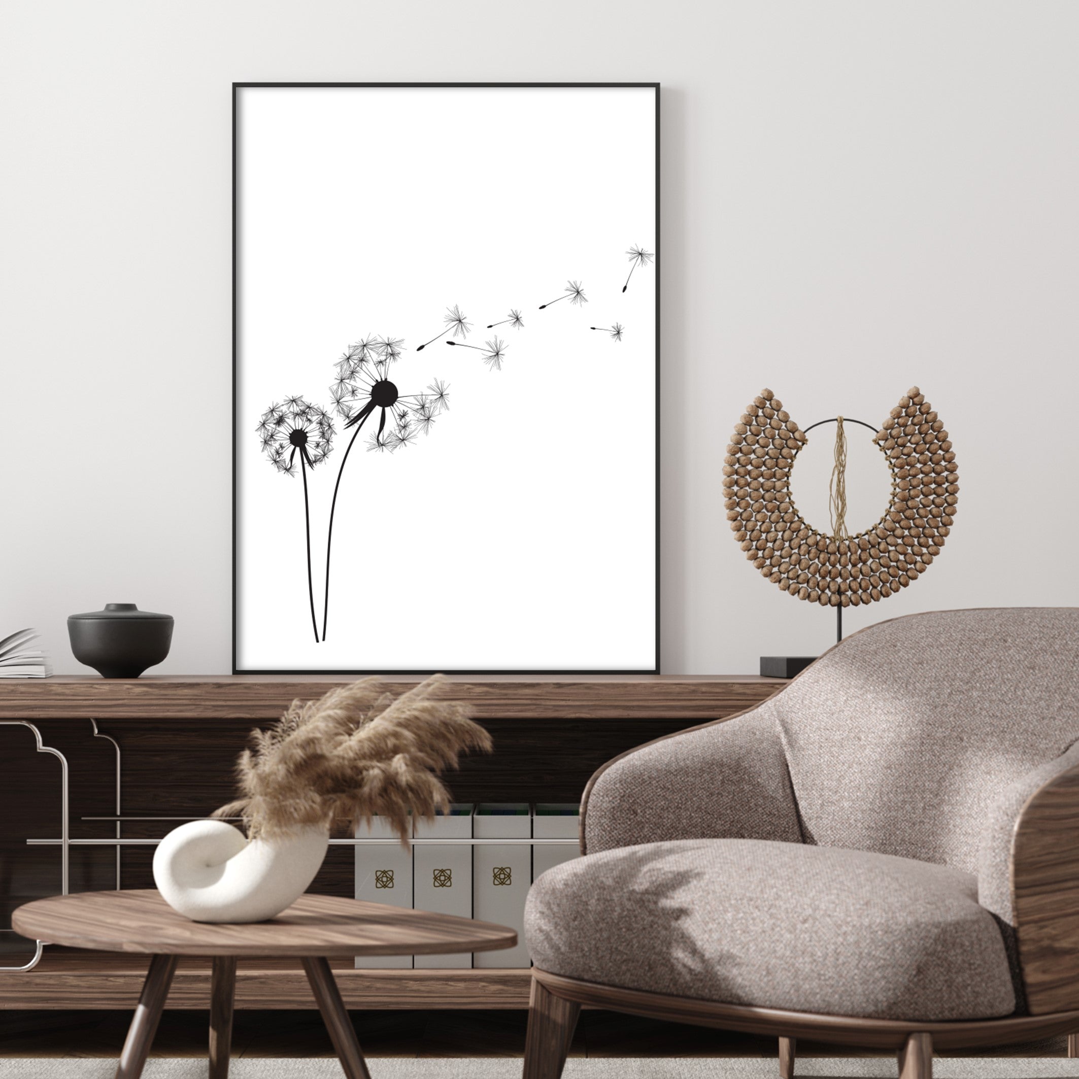 dandelion illustrated wall art in modern home