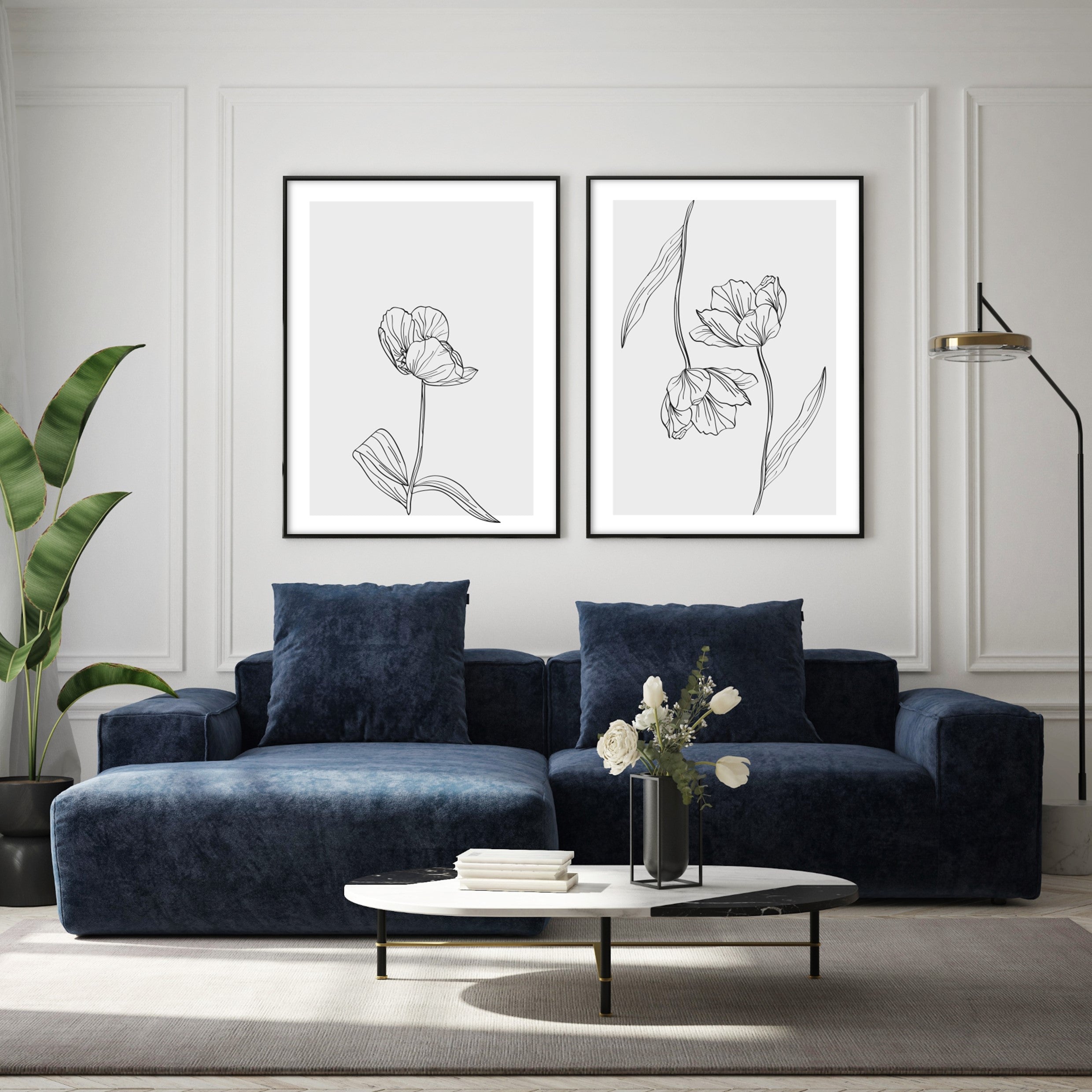 grey floral illustration posters in modern living room