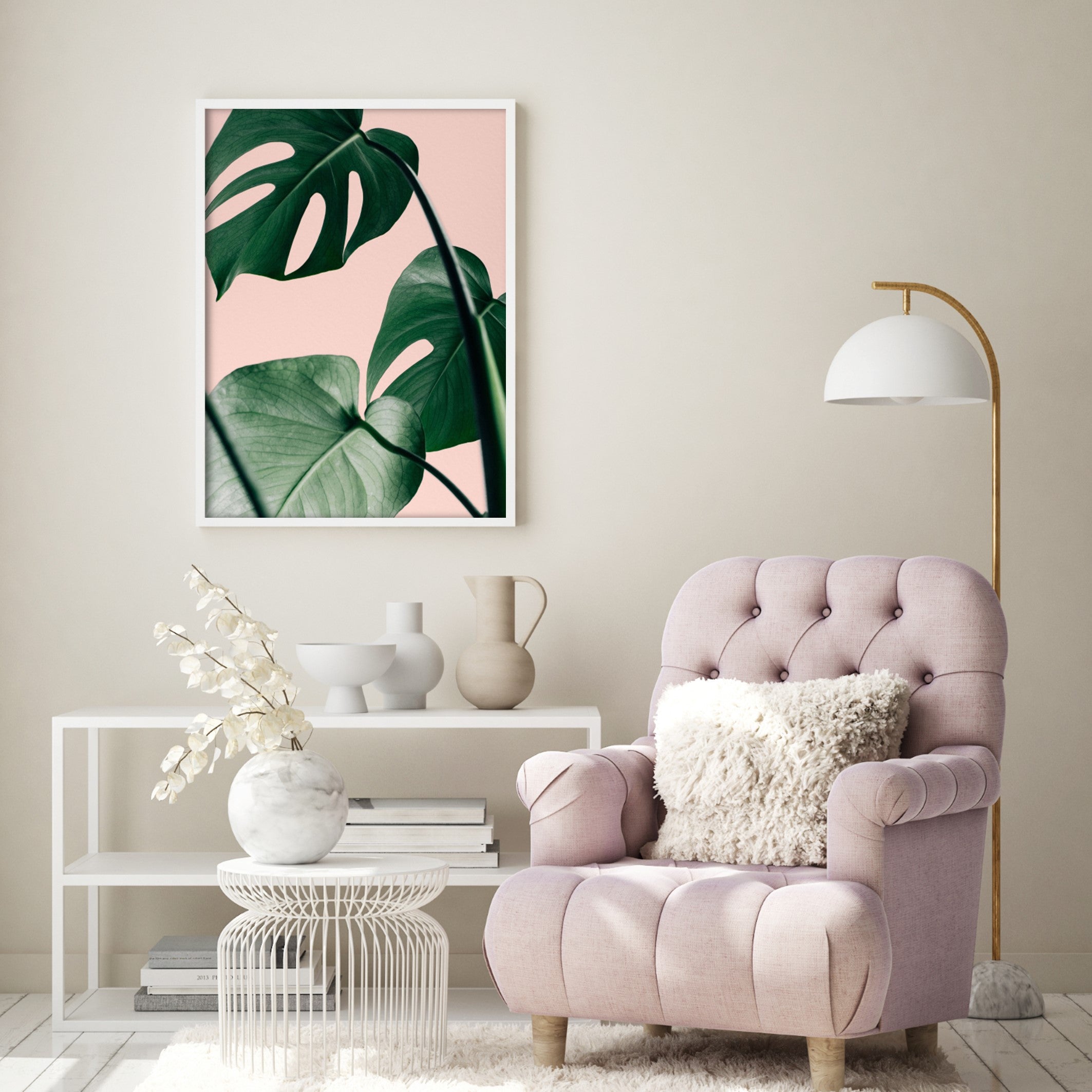 monstera wall print in living room