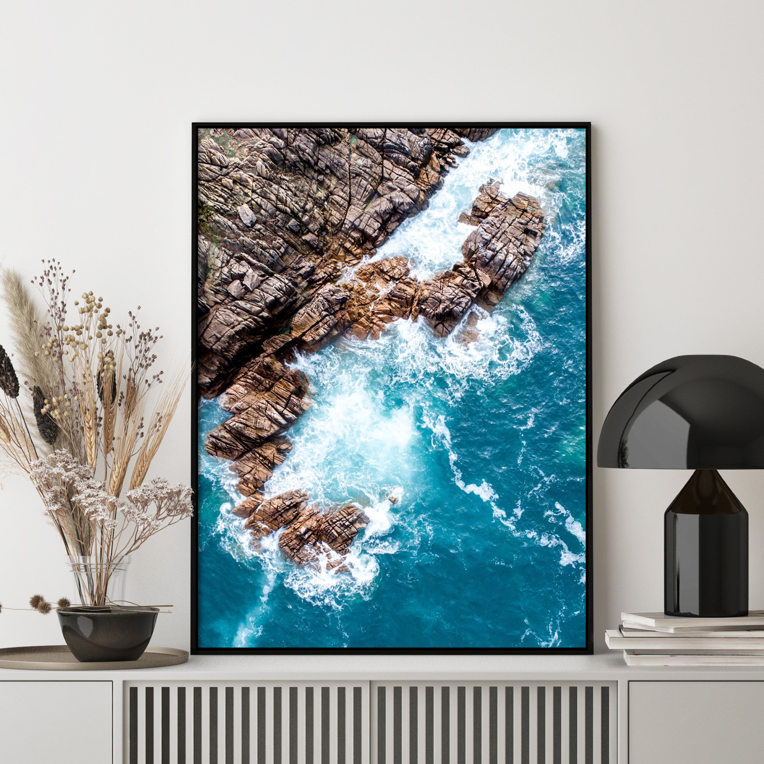 rocky waves wall art in grey living room