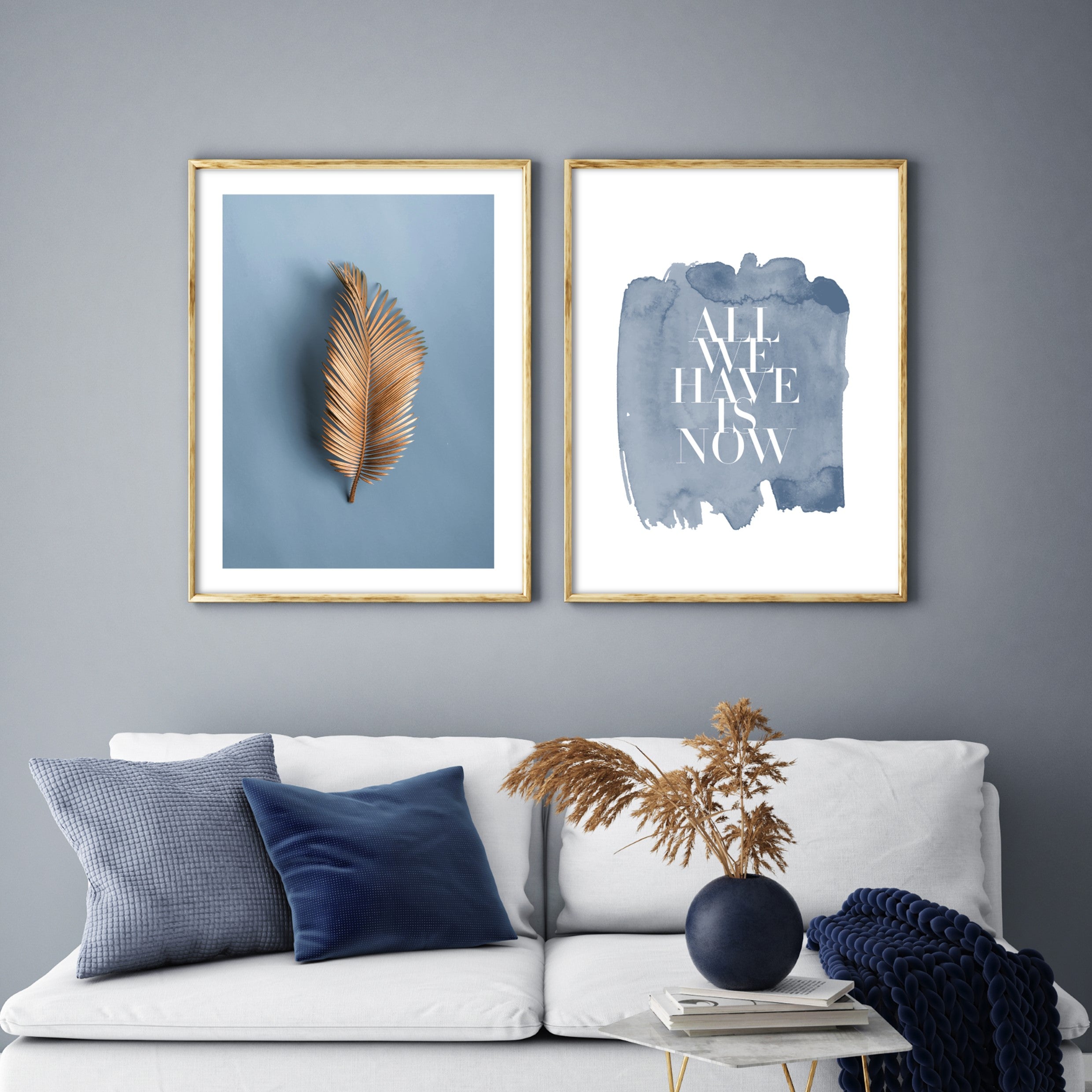 Poster of brown realistic crisp leaf on a light  navy blue background in a navy blue decorated living room with navy blue decor