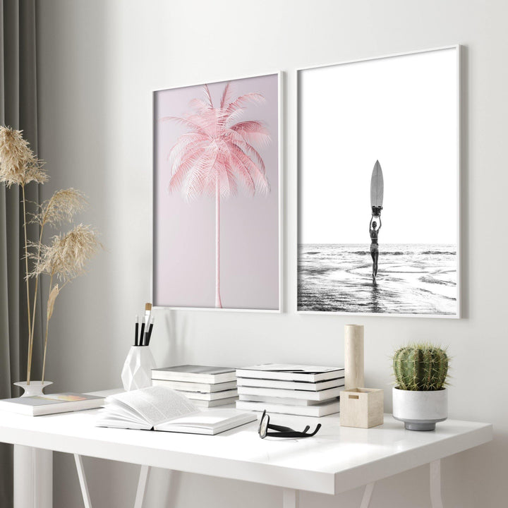 surfboard wall art in modern white home office