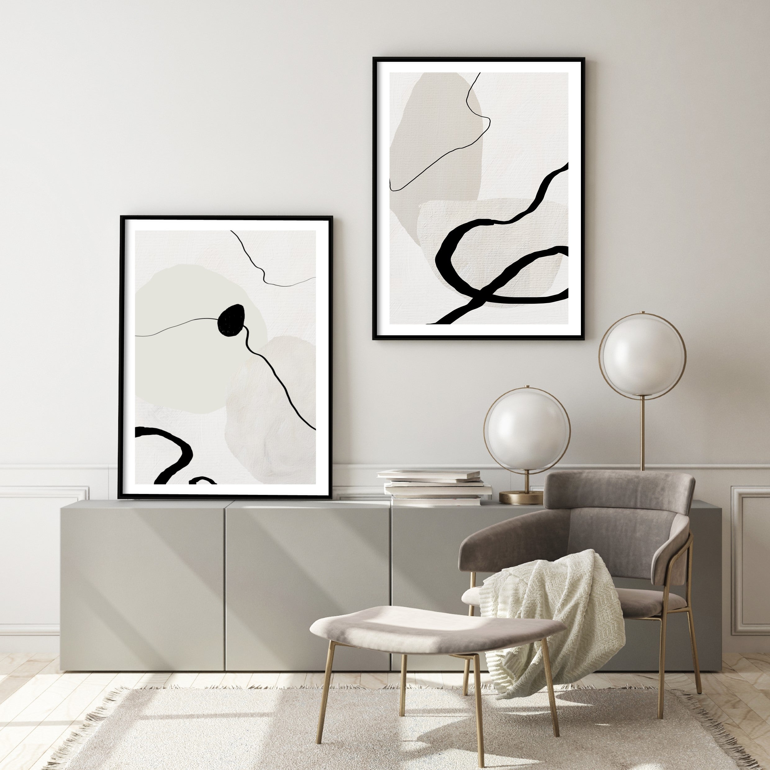 neutral abstract line art in grey living room