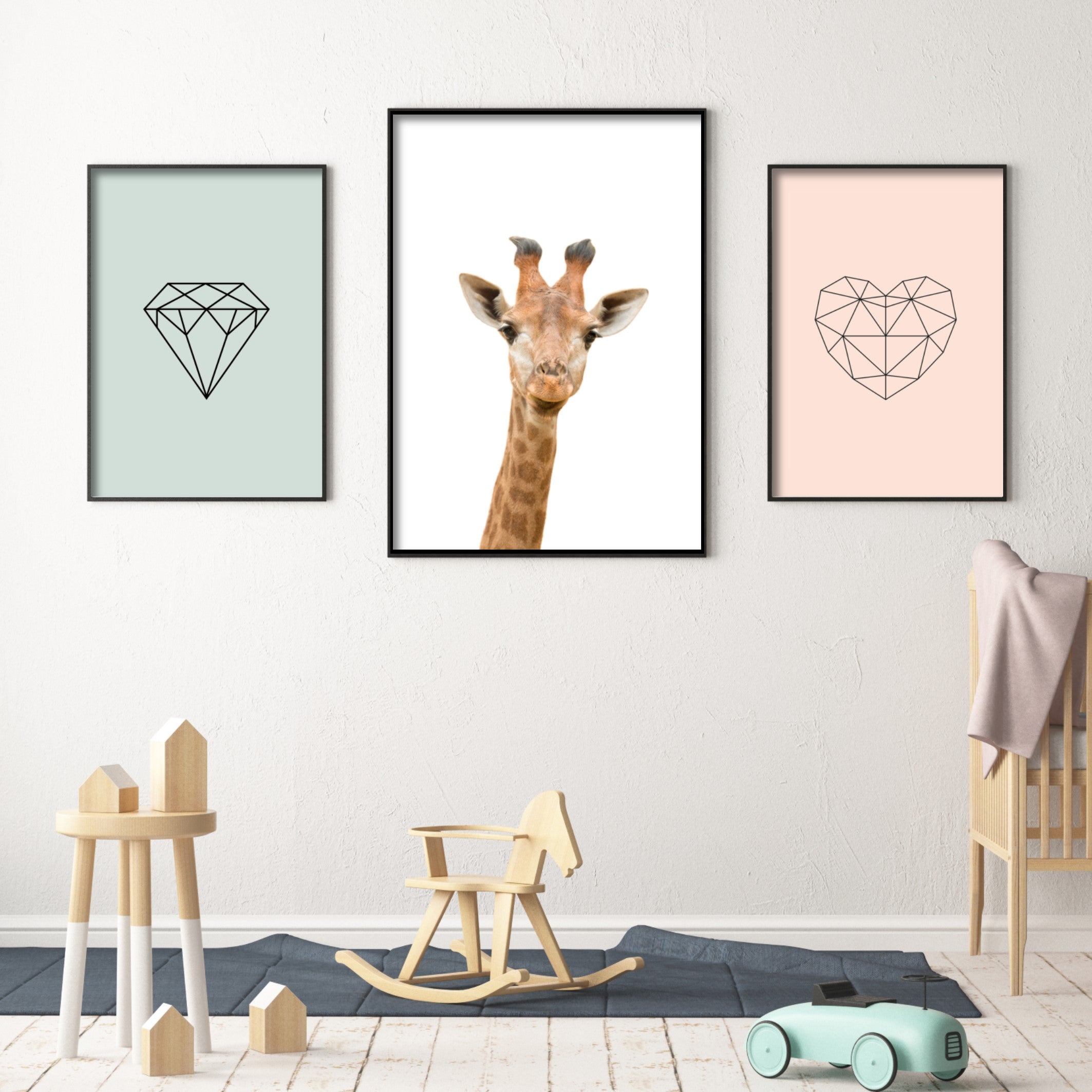 geometric heart wall print in kids playroom