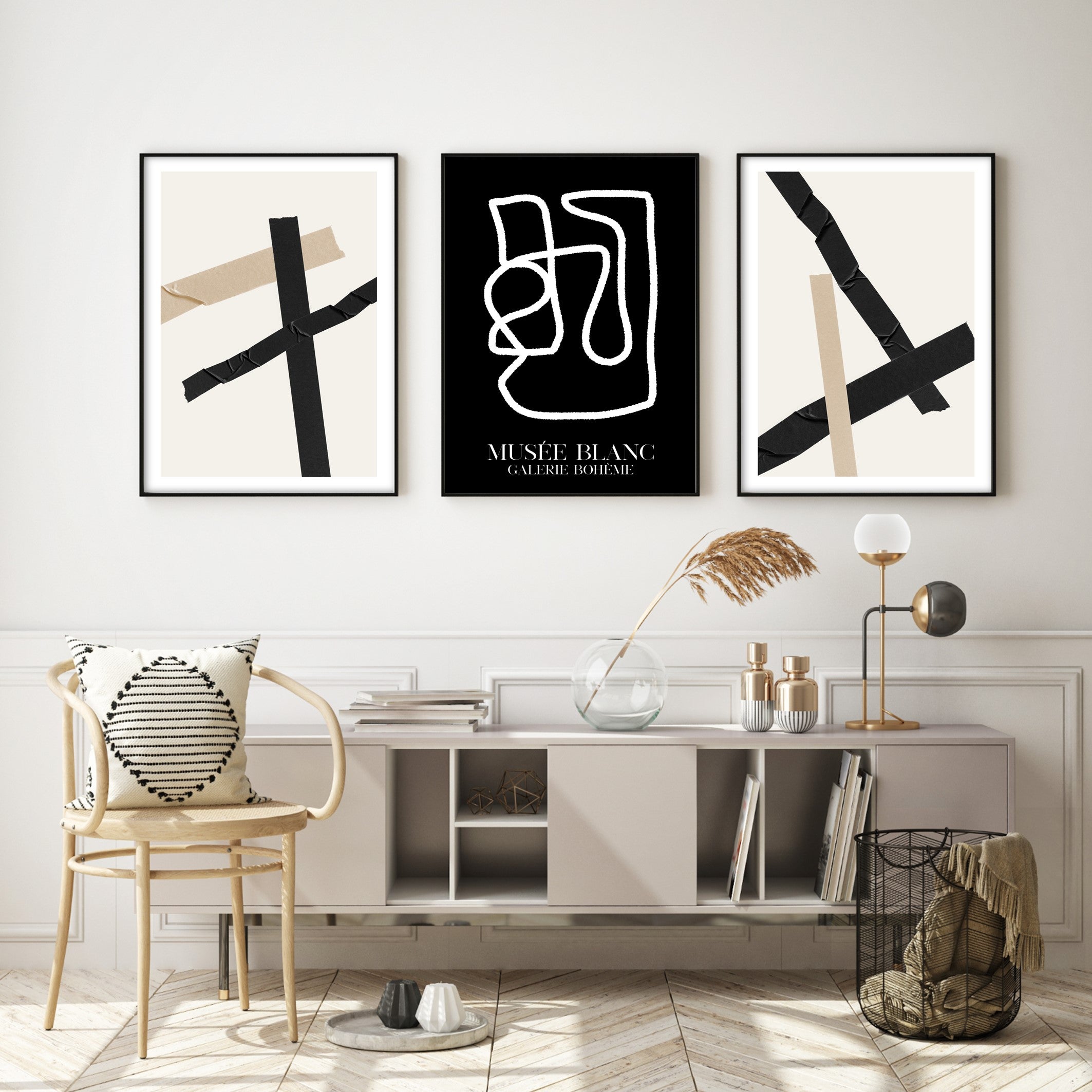 japandi style gallery wall prints in a modern living room