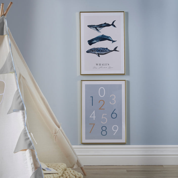 Kids poster of whale illustrations in blue with text