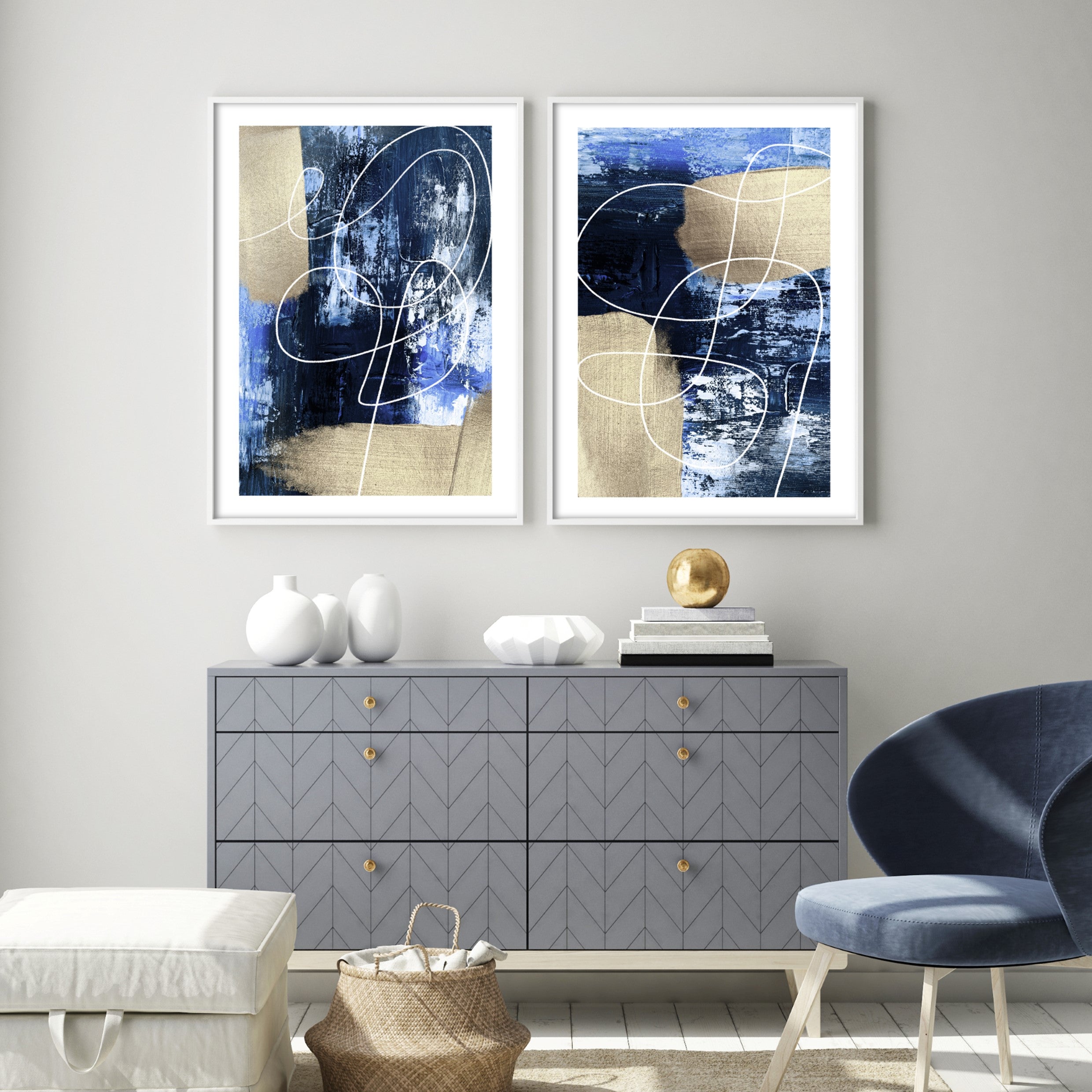 acrylic blue wall art prints in blue living room