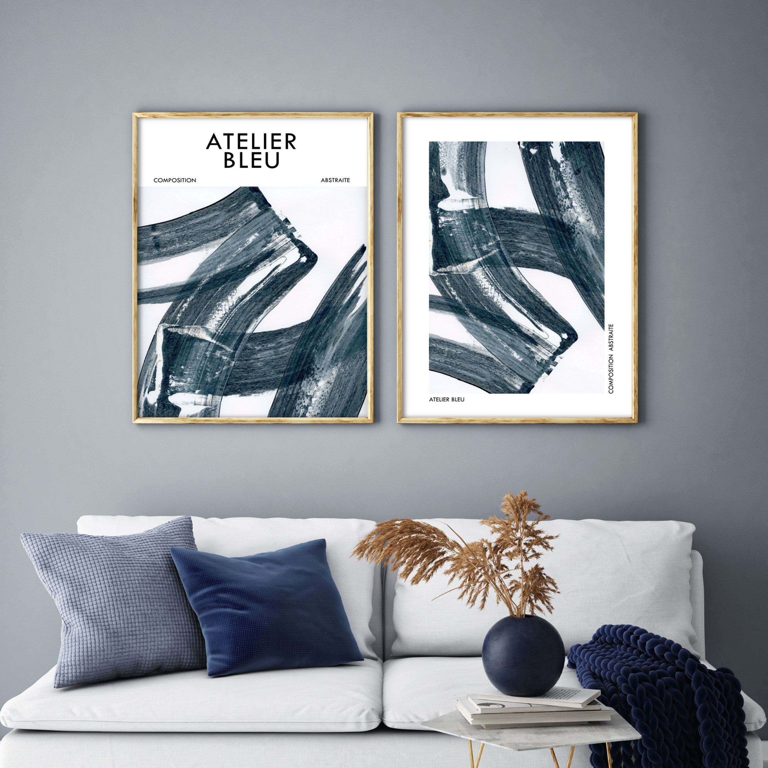 abstract blue wall art in living room