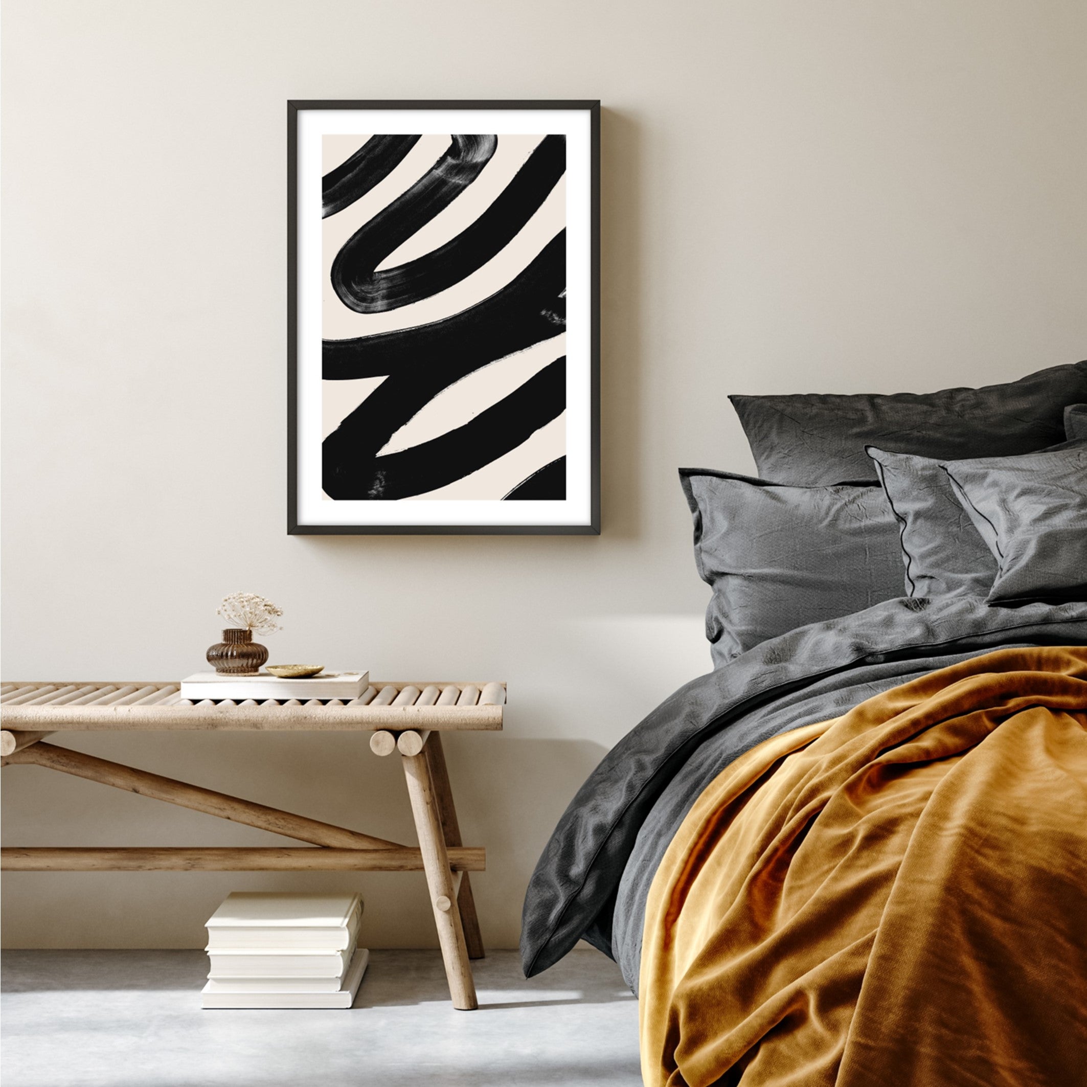 abstract black curves wall art in bedroom